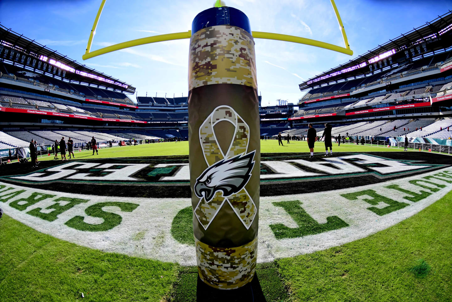 This is the NFL's Salute to Service goalpost pad on the field at