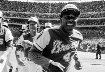 Hank Aaron of the Atlanta Braves is interviewed at Fulton County