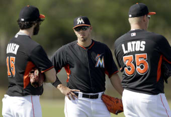 Christian Yelich, Ichiro Suzuki, Giancarlo Stanton (Marlins), MAY 19, 2015  - MLB : (L-R) Christian Yelich, Ichiro Suzuki and Giancarlo Stanton of the  Miami Marlins are senn during the Major League Baseball