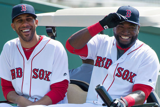 Boston Red Sox DH David Ortiz (34) is welcomed at home by Dustin