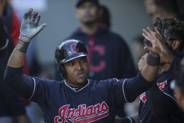 Cleveland Indians Jose Ramirez reacts after hitting a double against the  Chicago White Sox in t…