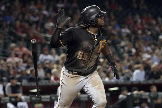 CHICAGO, IL - MAY 08: Pittsburgh Pirates' Josh Bell (55) looks on from  third base after hitting a triple against the Chicago White Sox on May 8,  2018 at Guaranteed Rate Field