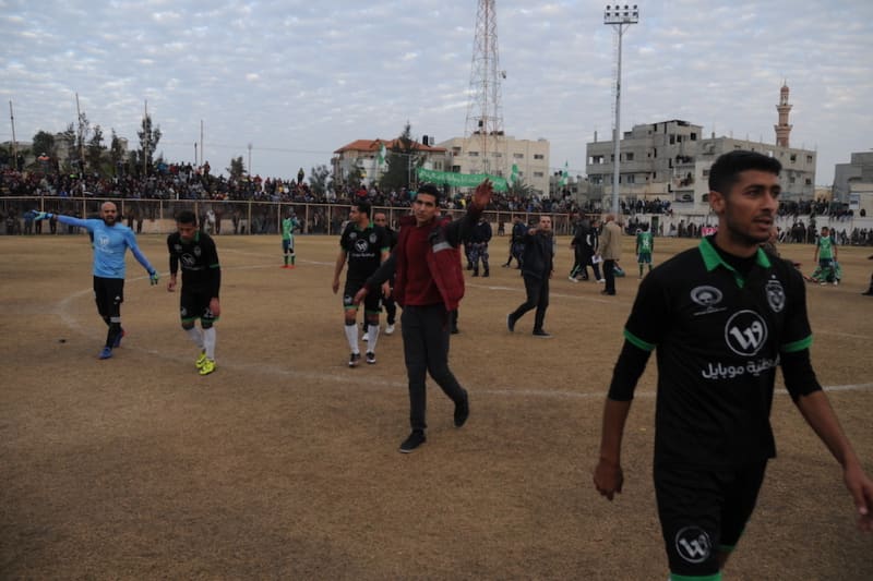 The scene on the pitch after a late goal at the Gaza Rafah Municipal Stadium.