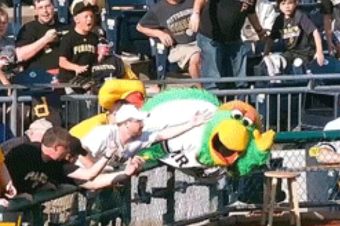 Pittsburgh Pirates Mascot Eats It Over Railing While Trying To Catch A Foul Ball Bleacher Report Latest News Videos And Highlights The buccaneer was a secondary mascot used by the pittsburgh pirates baseball club during their 1995 season. bleacher report
