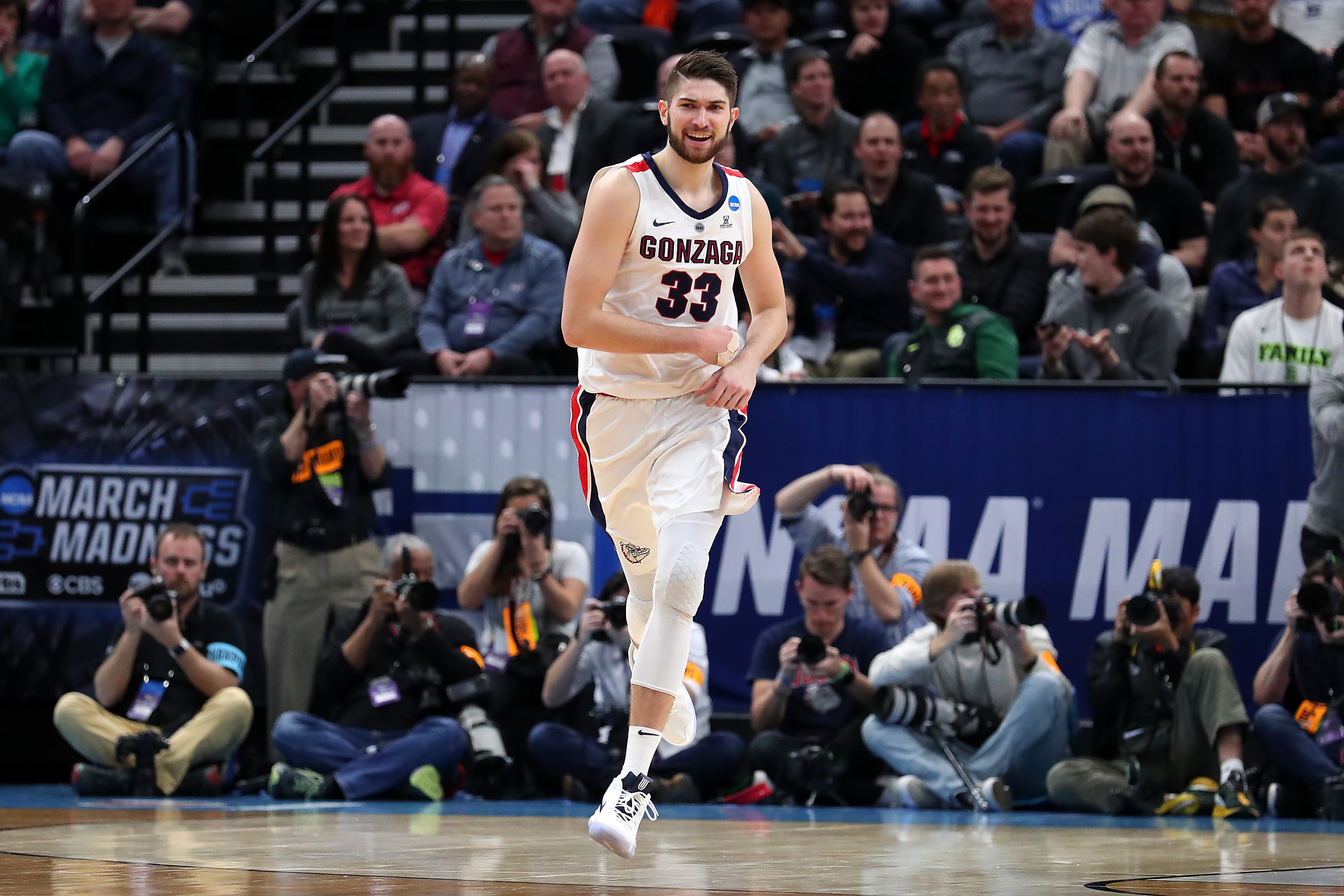 SALT LAKE CITY, UTAH - MARCH 21: Killian Tillie #33 of the Gonzaga Bulldogs celebrates his dunk against the Fairleigh Dickinson Knights during the second half in the first round of the 2019 NCAA Men's Basketball Tournament at Vivint Smart Home Arena on March 21, 2019 in Salt Lake City, Utah. (Photo by Tom Pennington/Getty Images)