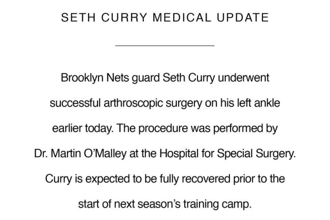 Seth Curry undergoes successful arthroscopic left ankle surgery