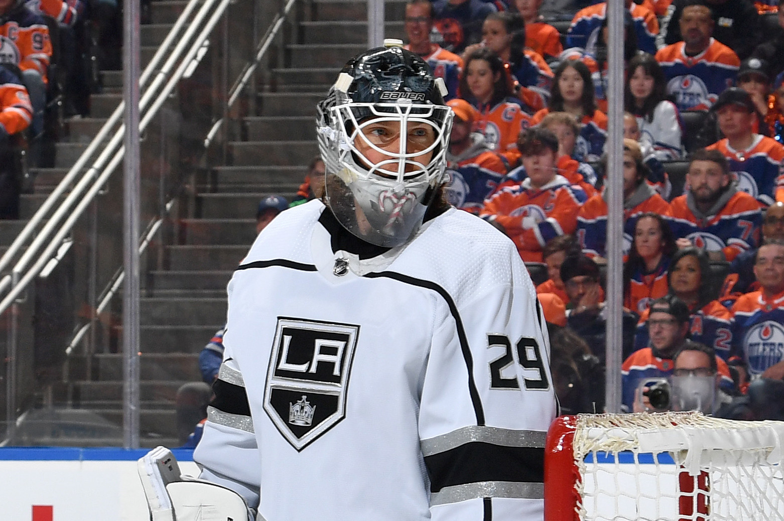 LA Kings Goaltender Jonathan Bernier wearing a Dodgers Hockey