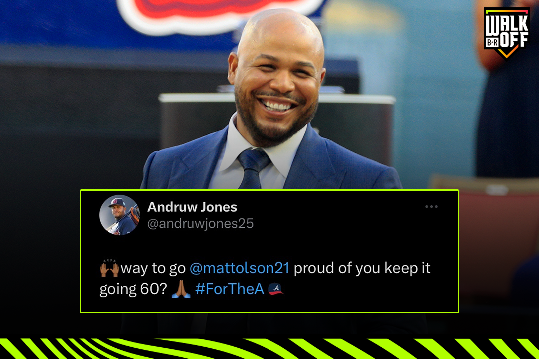 Andruw Jones congratulates Braves slugger Matt Olson on tying his