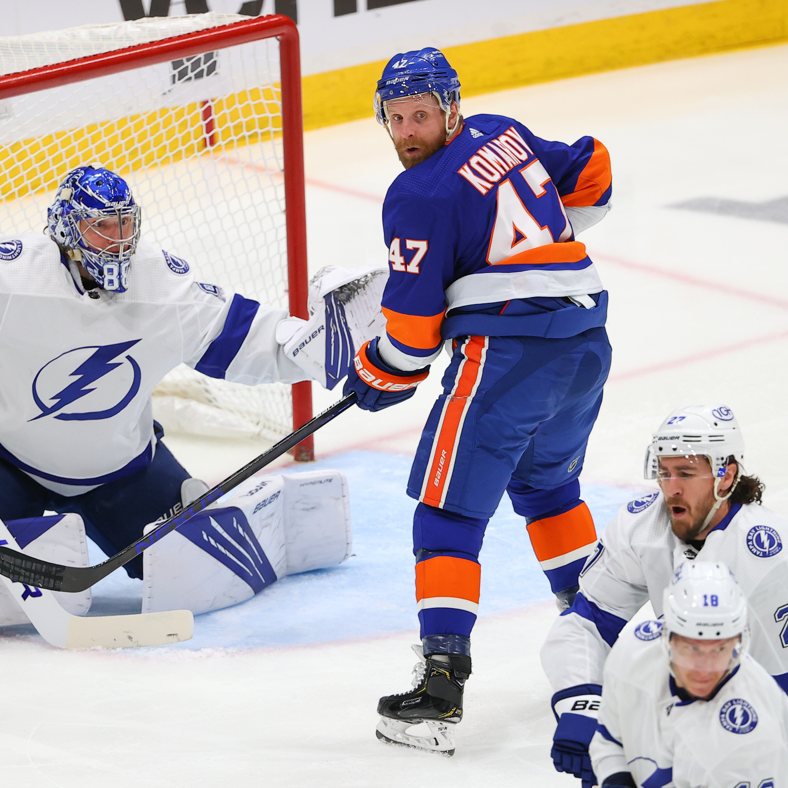 New York Islanders defenseman Ryan Pulock (6) celebrates his goal against  the Tampa Bay Lightning during the third period in Game 1 of an NHL hockey  Stanley Cup semifinal playoff series Sunday