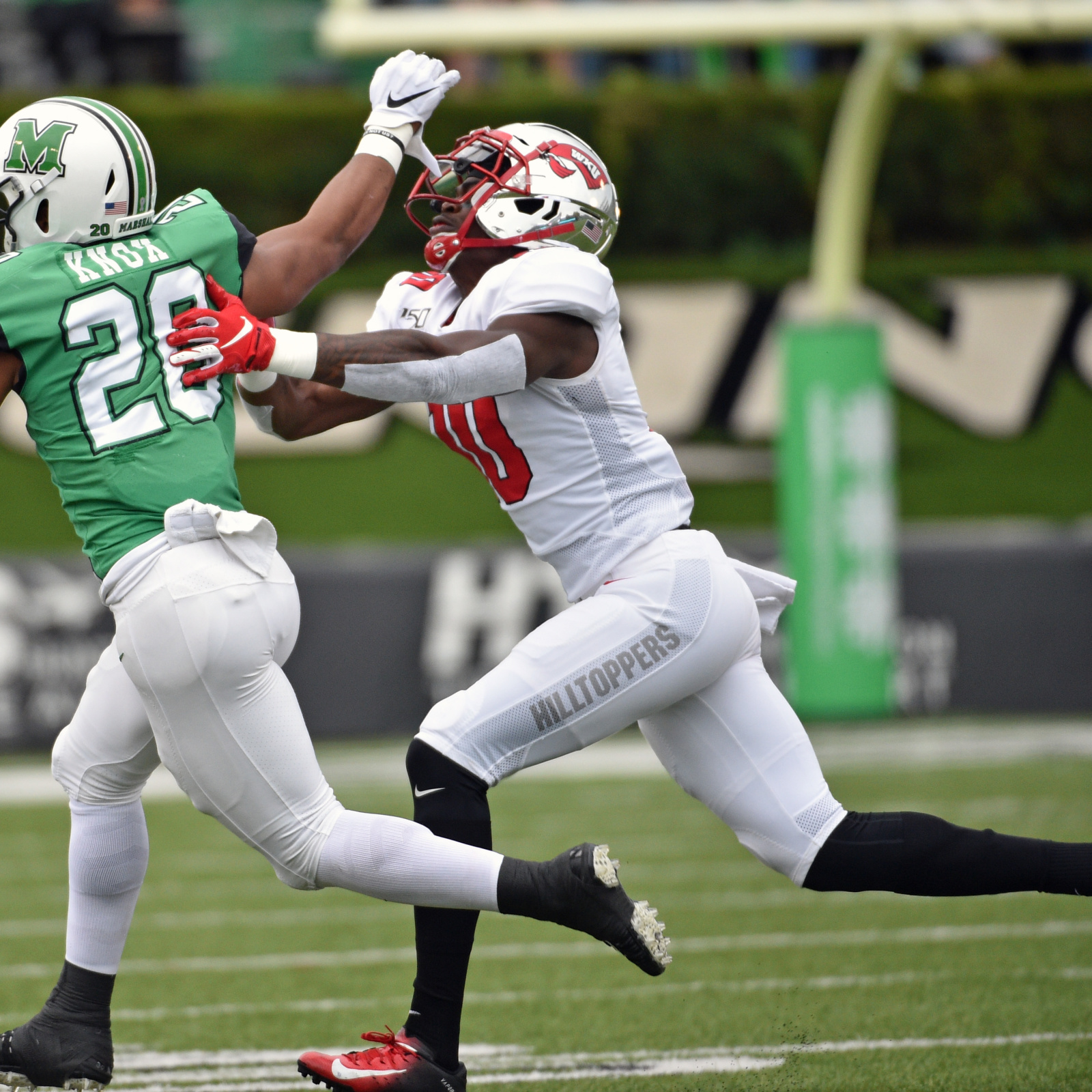 MIAMI, FL - SEPTEMBER 07: WKU defensive lineman DeAngelo Malone (10) looks  for an open receiver in the second half as the FIU Golden Panthers faced  the Western Kentucky University Hilltoppers on