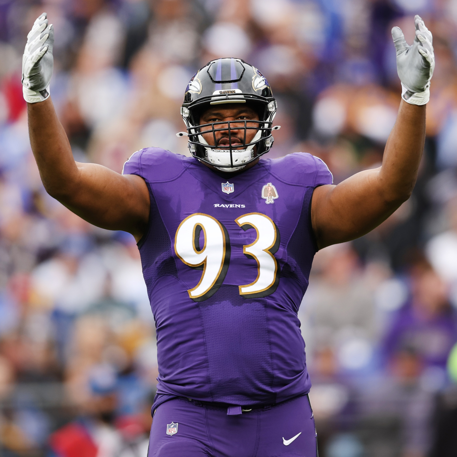 Baltimore Ravens defensive end Calais Campbell (93) looks on between plays  during the fourth quarter of an NFL football game against the Indianapolis  Colts, Monday, Oct. 11, 2021, in Baltimore, Md. (AP