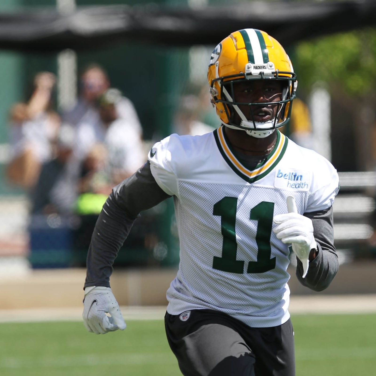 Green Bay Packers' Krys Barnes runs a drill at the NFL football