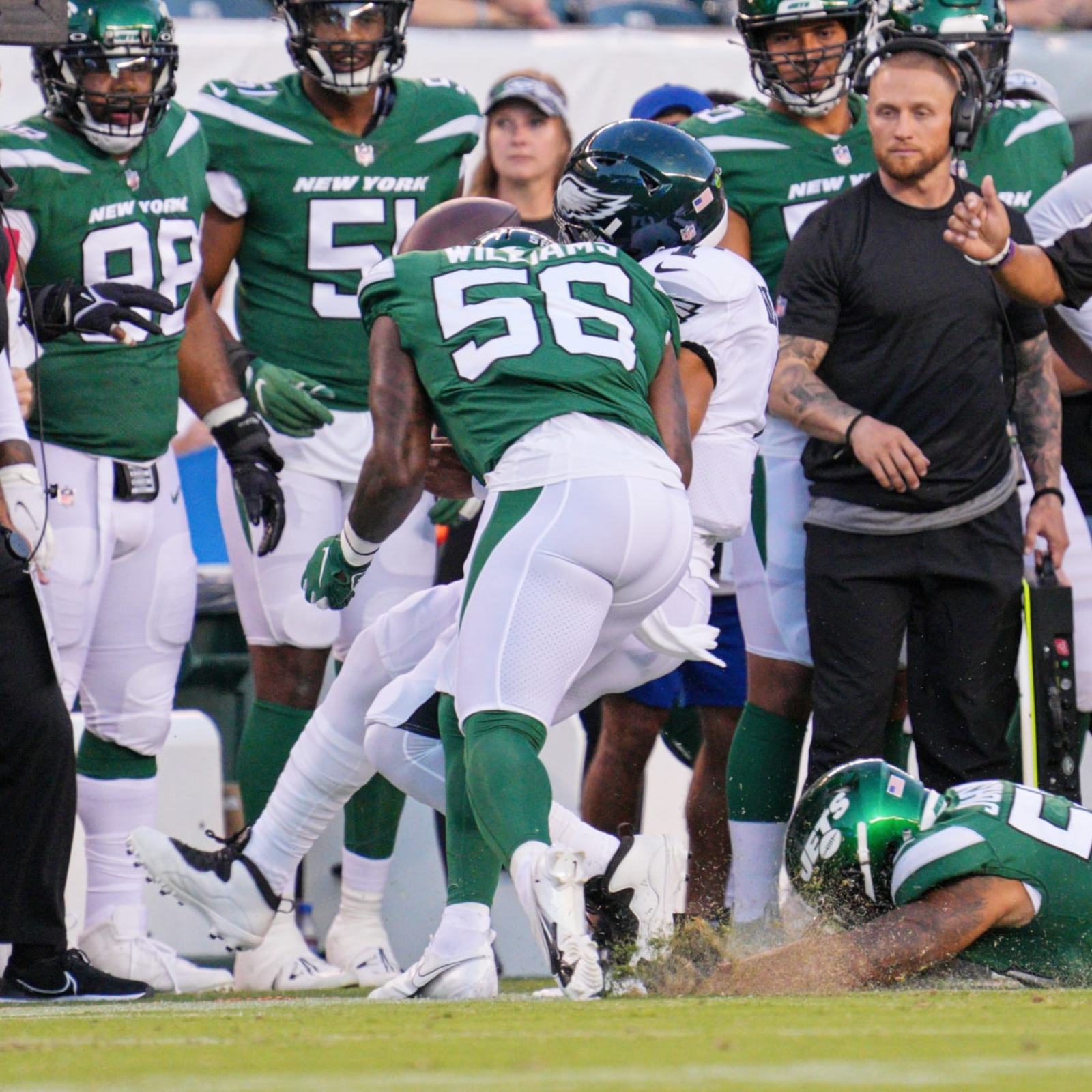 New York Jets linebacker Quincy Williams (56) runs against the New