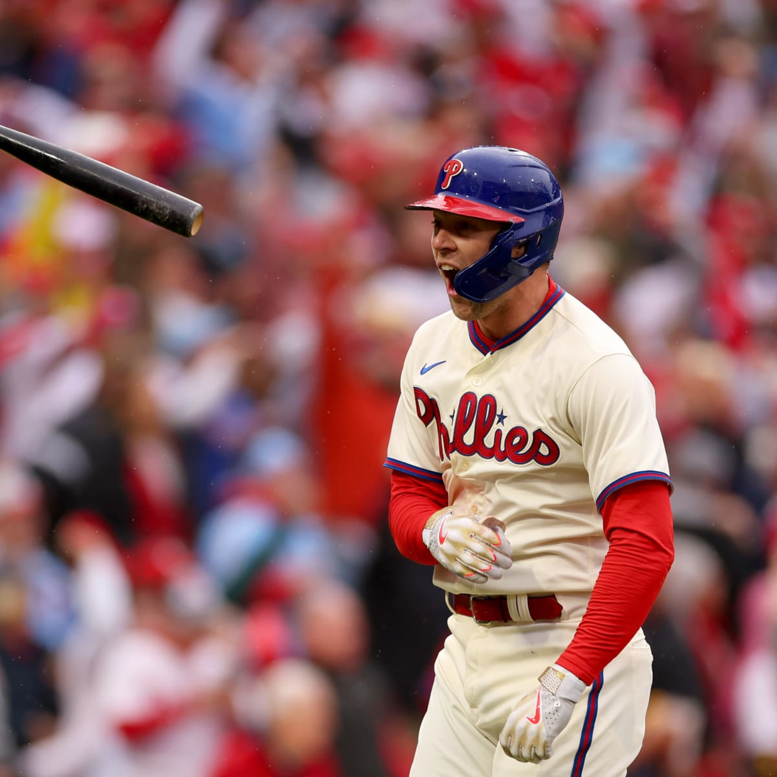 Philadelphia Phillies' Rhys Hoskins celebrates his two-run home run during  the third inning in Game 5 of the baseball NL Championship Series between  the San Diego Padres and the Philadelphia Phillies on