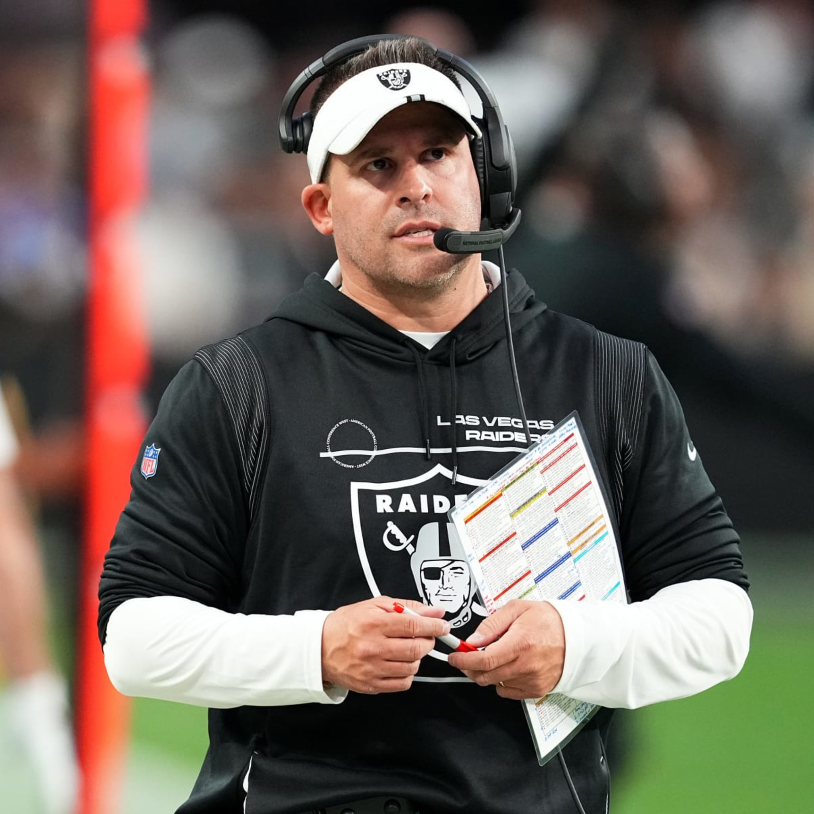 Las Vegas Raiders head coach Josh McDaniels watches replay during