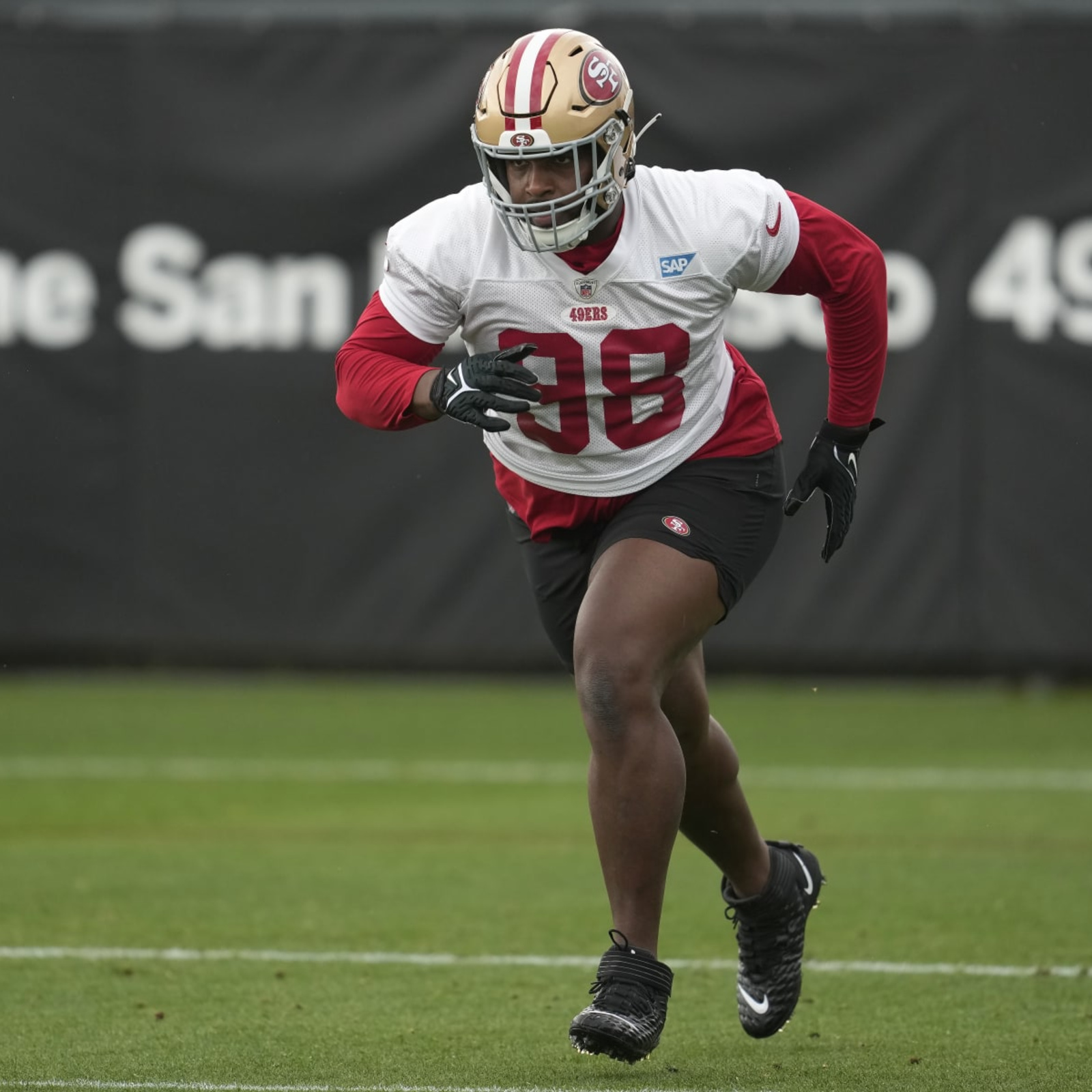 San Francisco 49ers' Clelin Ferrell, from left, Javon Hargrave and