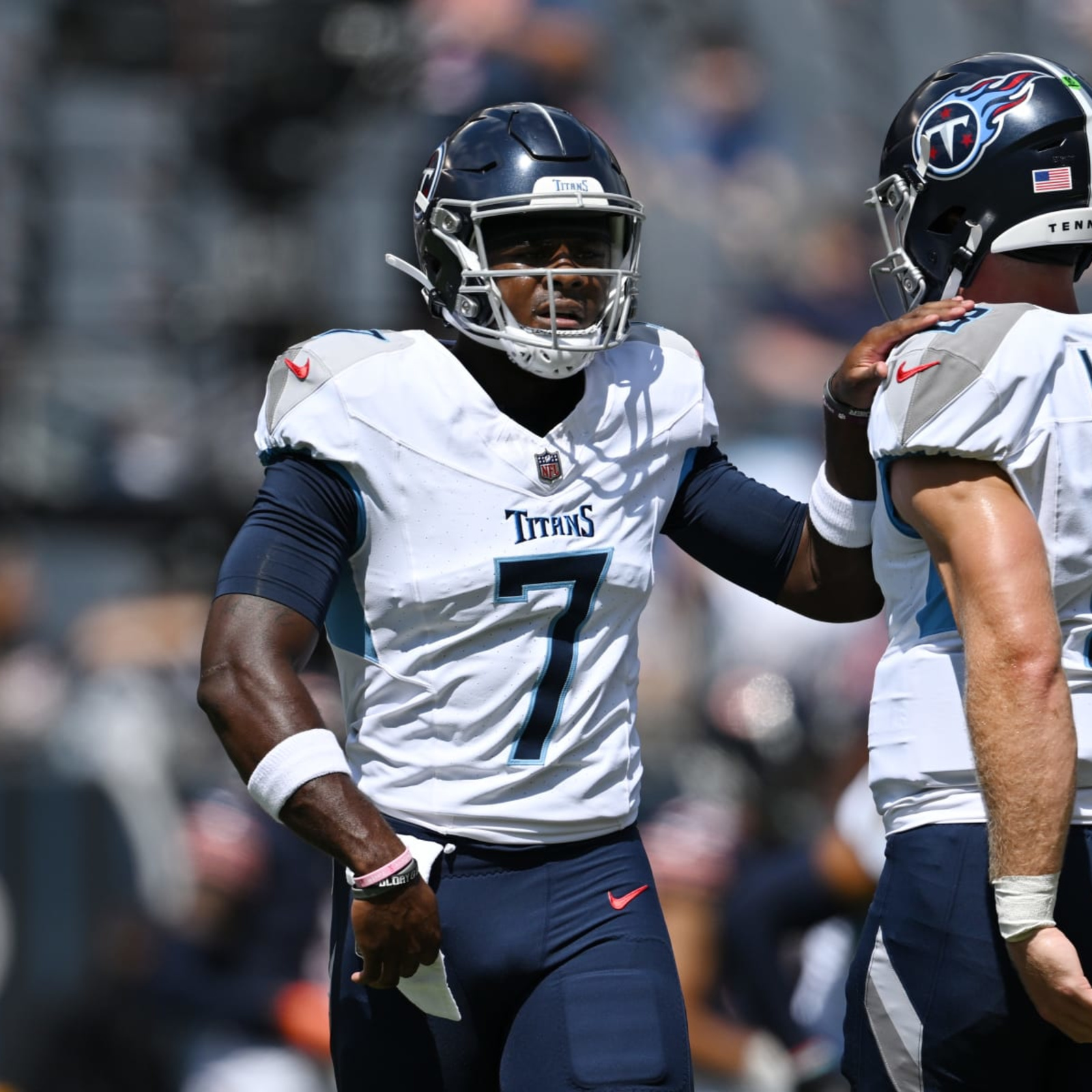 Tennessee Titans quarterback Will Levis (8) looks to the sideline during  warmups before their NFL football game against the New England Patriots  Friday, Aug. 25, 2023, in Nashville, Tenn. (AP Photo/Wade Payne