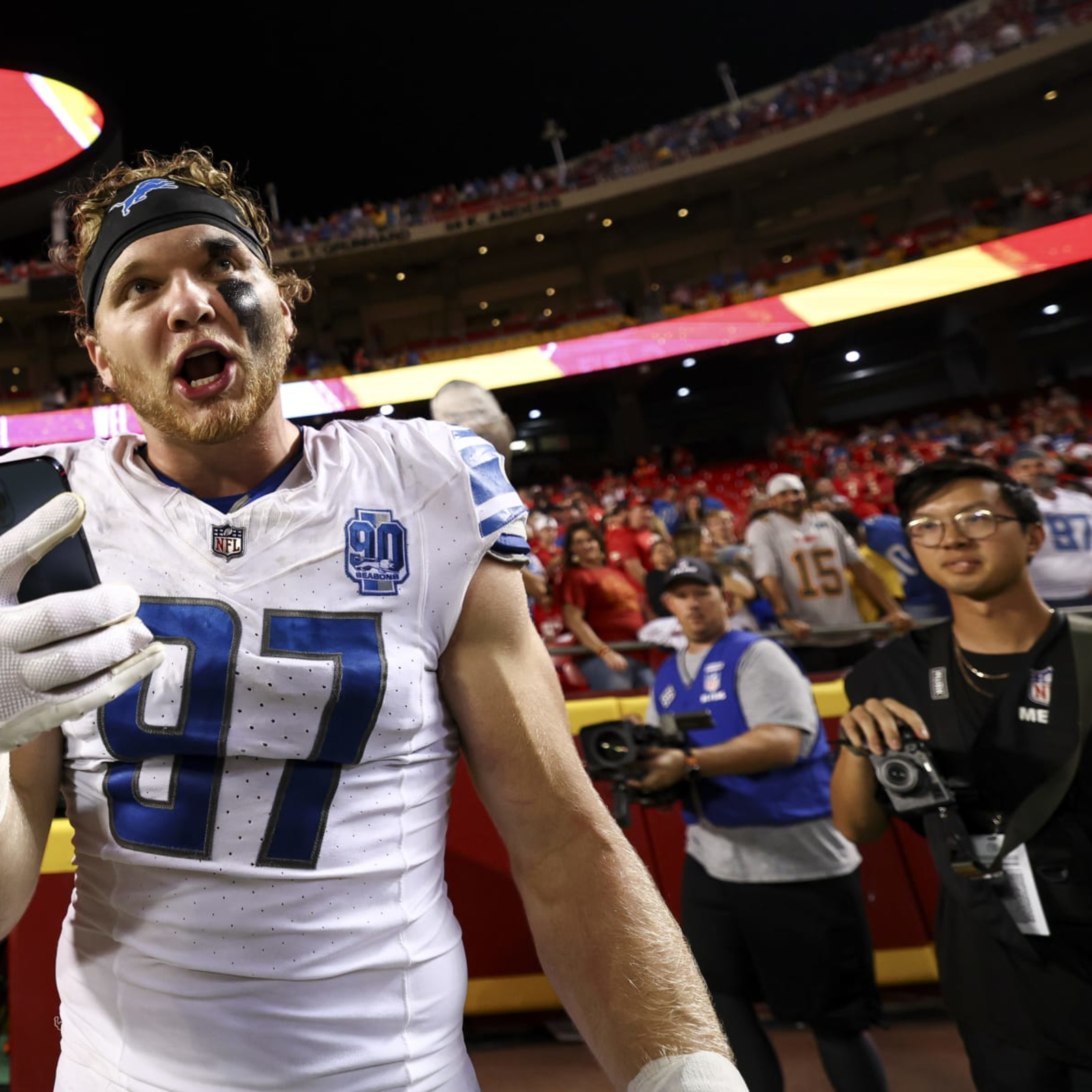 Aidan Hutchinson of the Detroit Lions lines up against the Kansas