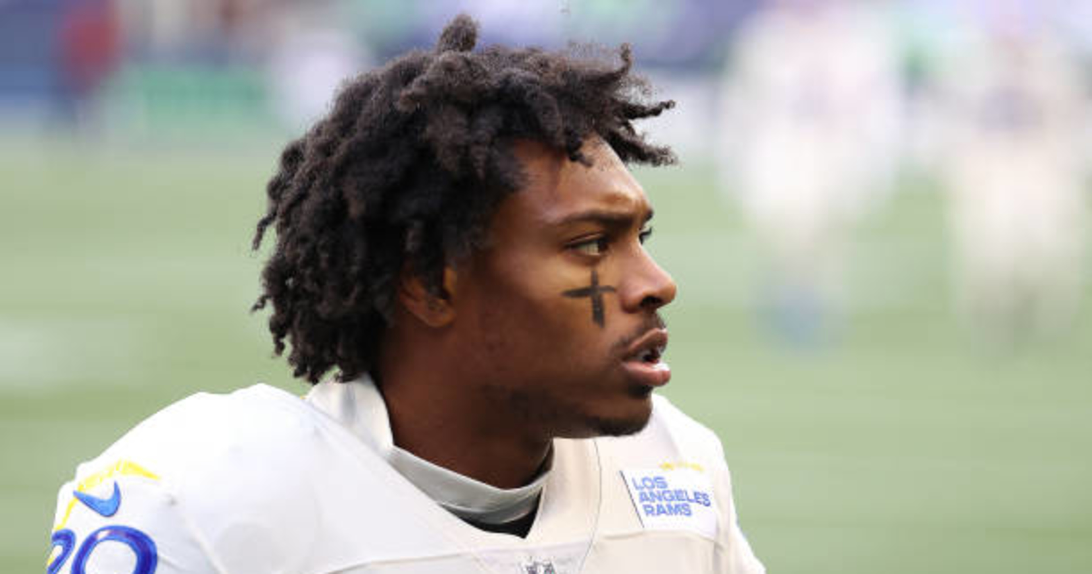 Green Bay, United States. 16th Jan, 2021. Los Angeles Rams cornerback Jalen  Ramsey (20) looks on as Green Bay Packers wide receiver Davante Adams (17)  scores a second quarter touchdown during the