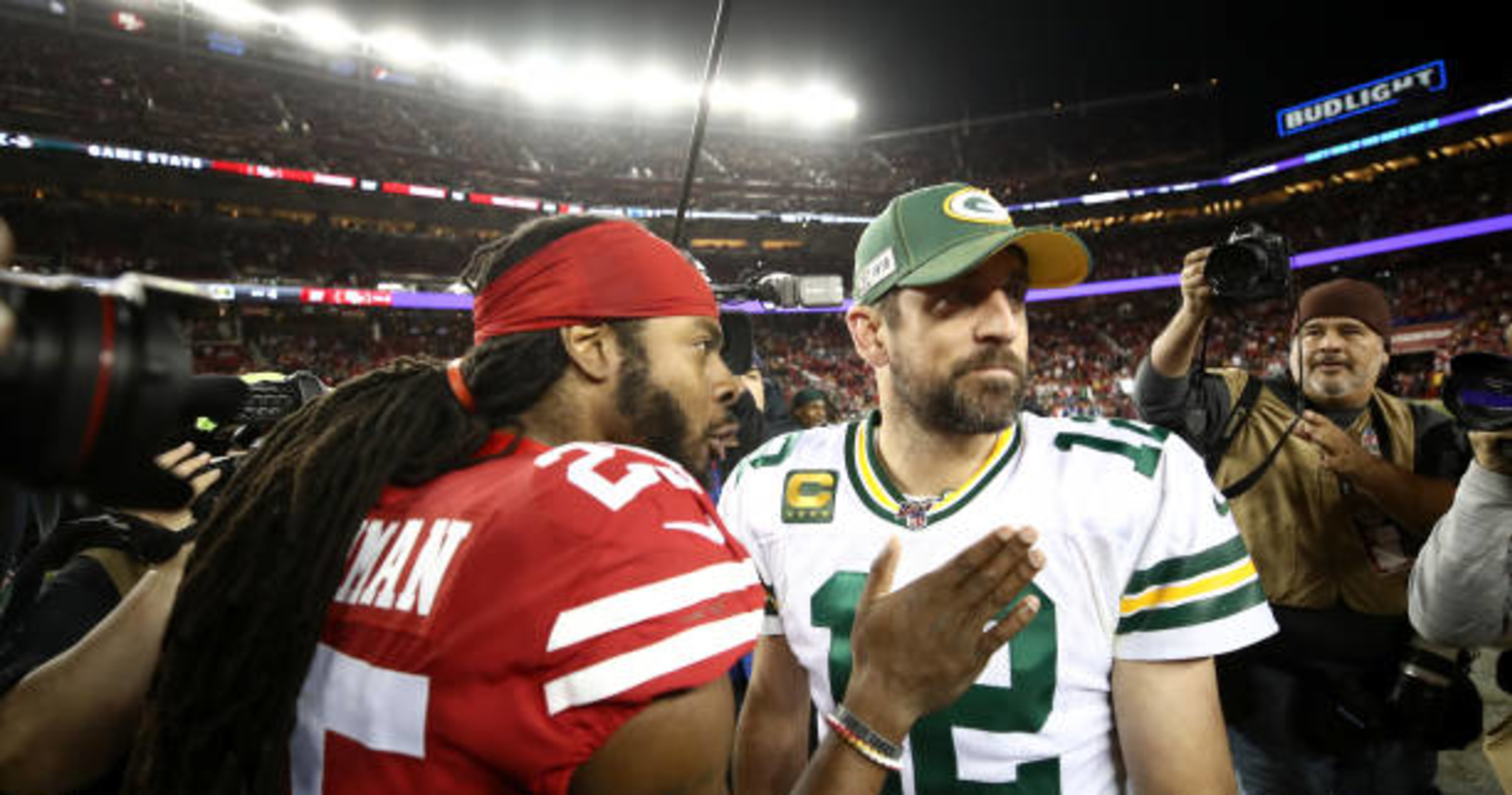 Seahawks cornerback Richard Sherman confronts Aaron Rodgers after game