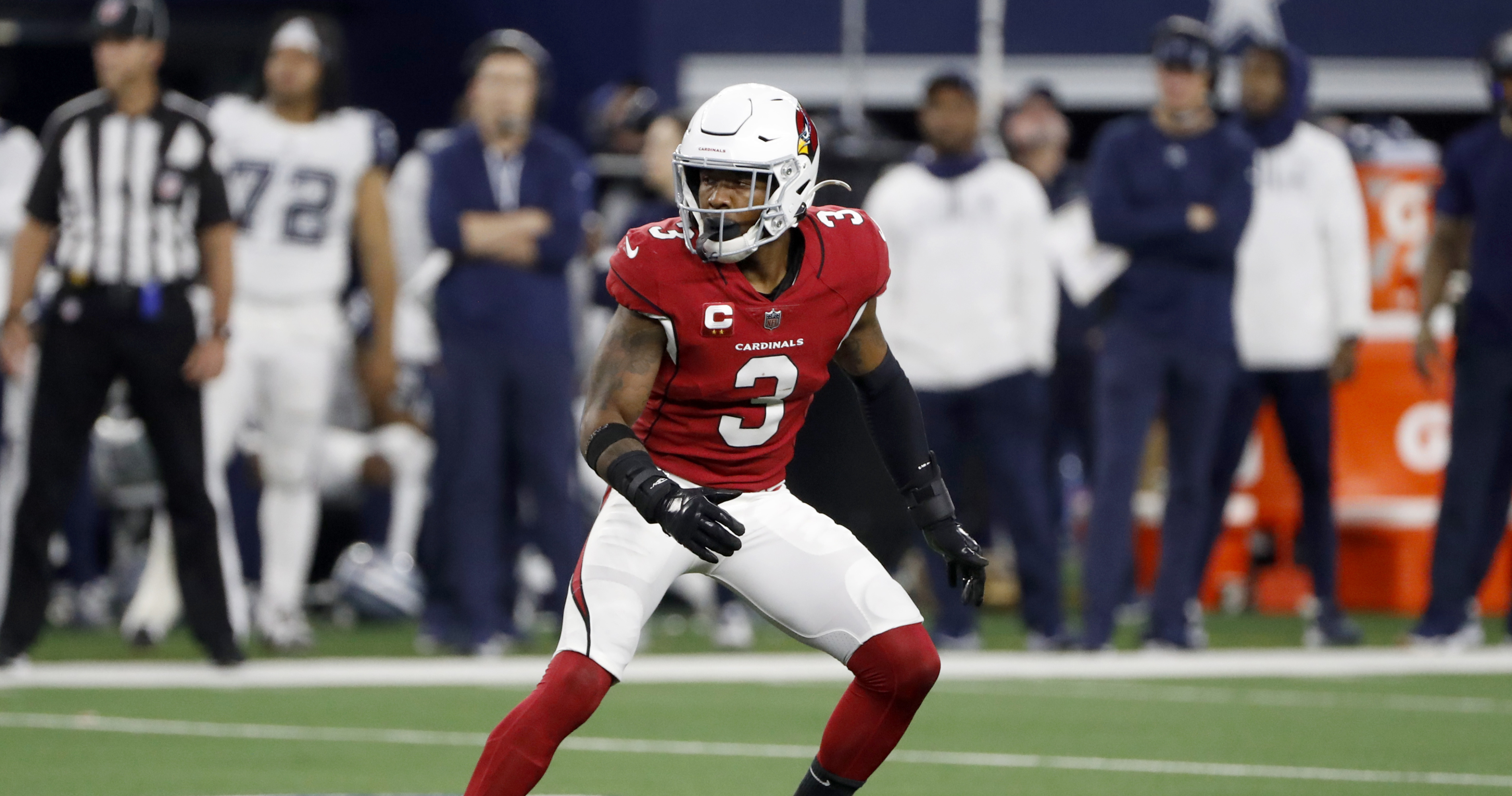 Arizona Cardinals strong safety Budda Baker (3) reacts after