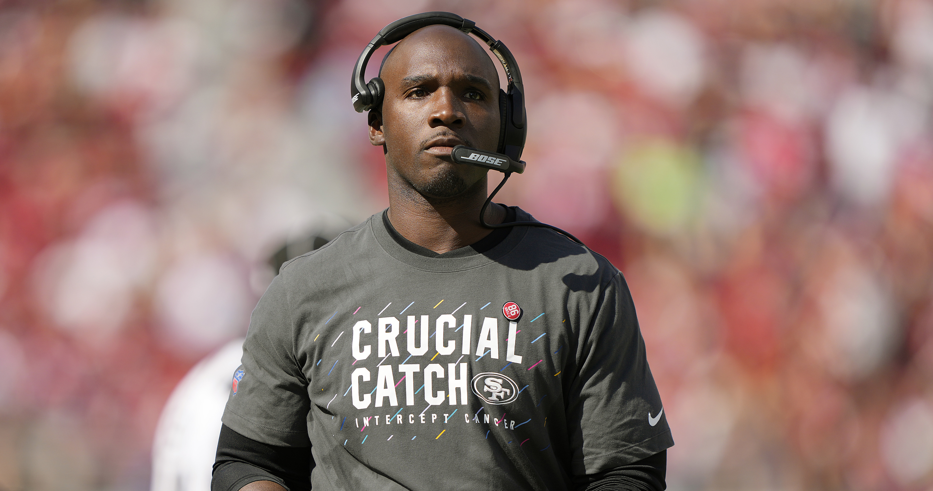 San Francisco 49ers defensive coordinator DeMeco Ryans looks up at a replay  during an NFL football game against the Minnesota Vikings, Sunday, Nov. 28,  2021, in Santa Clara, Calif. (AP Photo/Scot Tucker