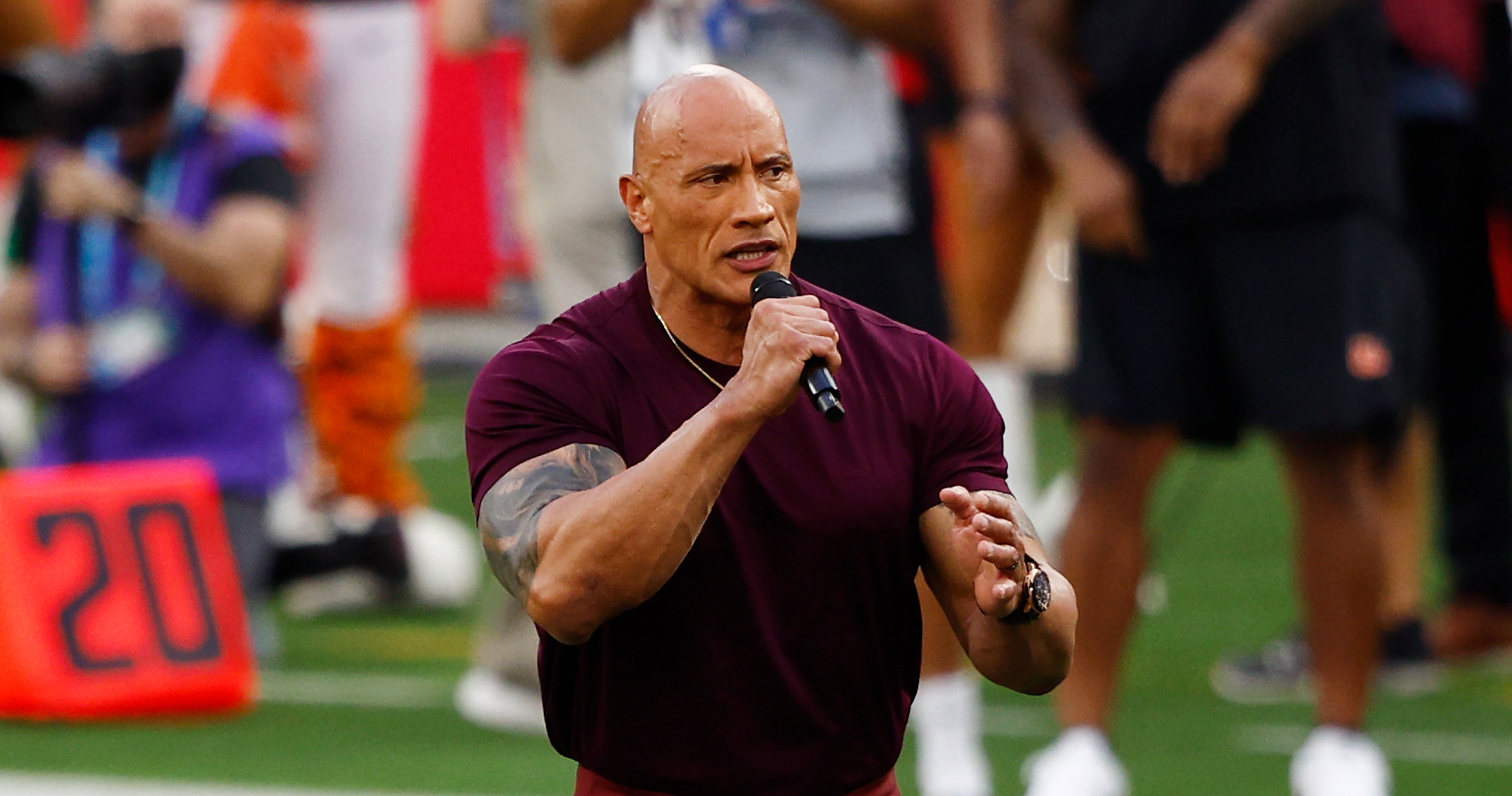 Video The Rock Gives PreGame Hype Speech on Field Ahead of Super Bowl