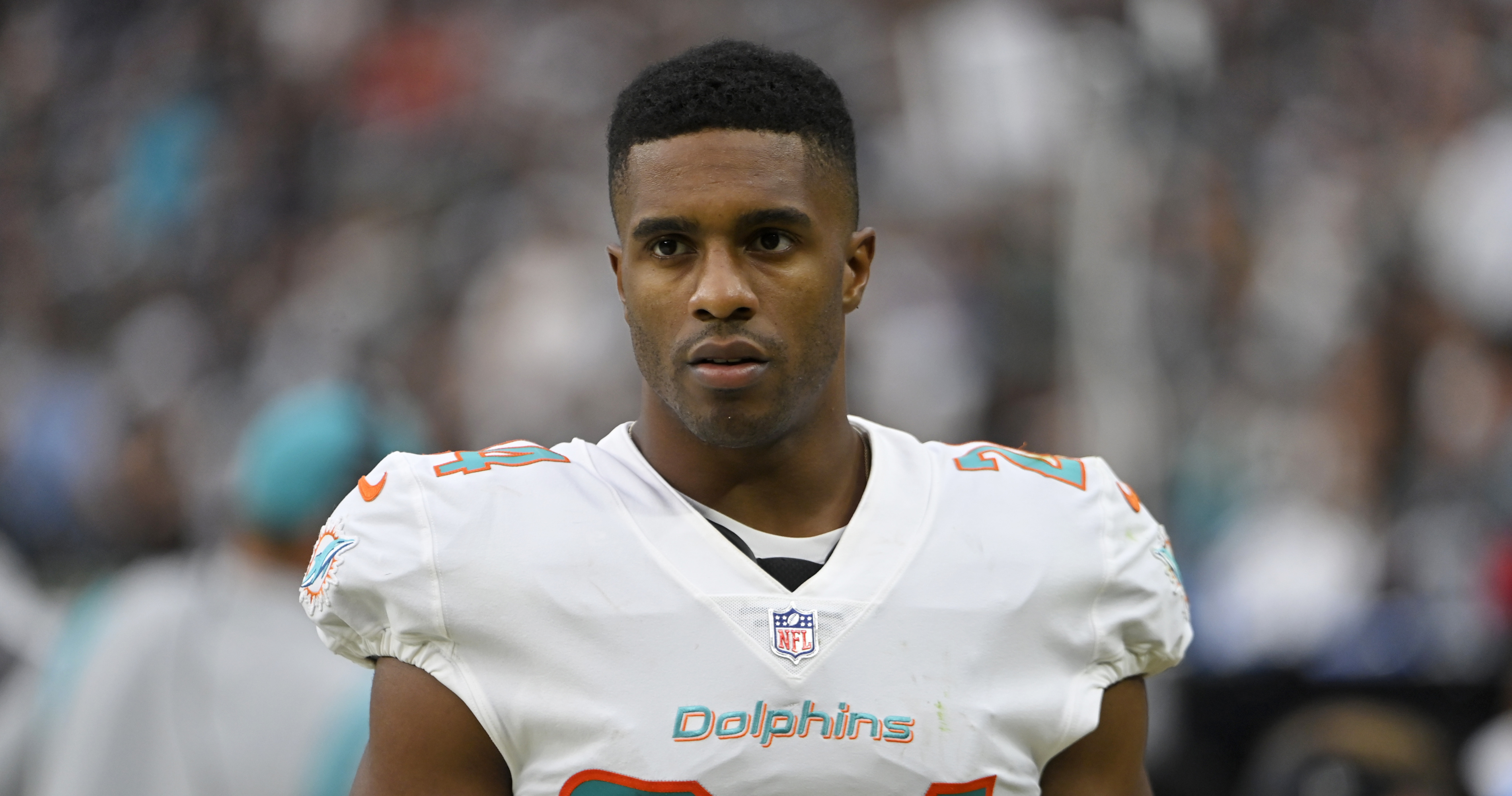 Miami Dolphins cornerback Byron Jones (24) on the field after the Dolphins  defeated the Los Angeles