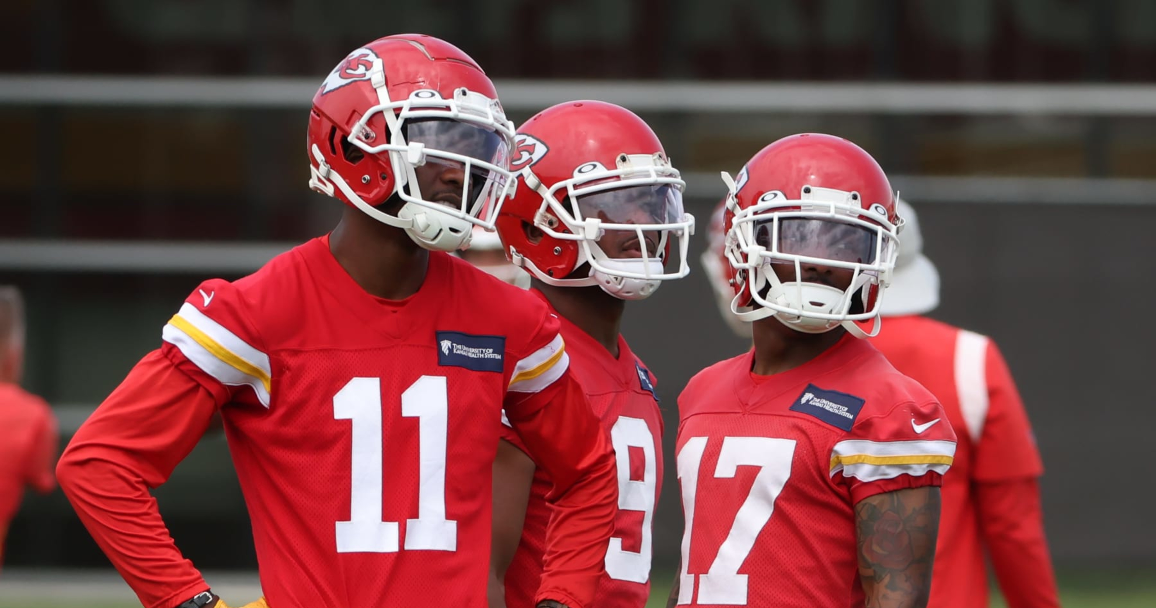 Kansas City Chiefs wide receiver Tyreek Hill (10) gets set on the line of  scrimmage during an NFL football game against the Buffalo Bills Sunday,  Oct. 10, 2021, in Kansas City, Mo. (