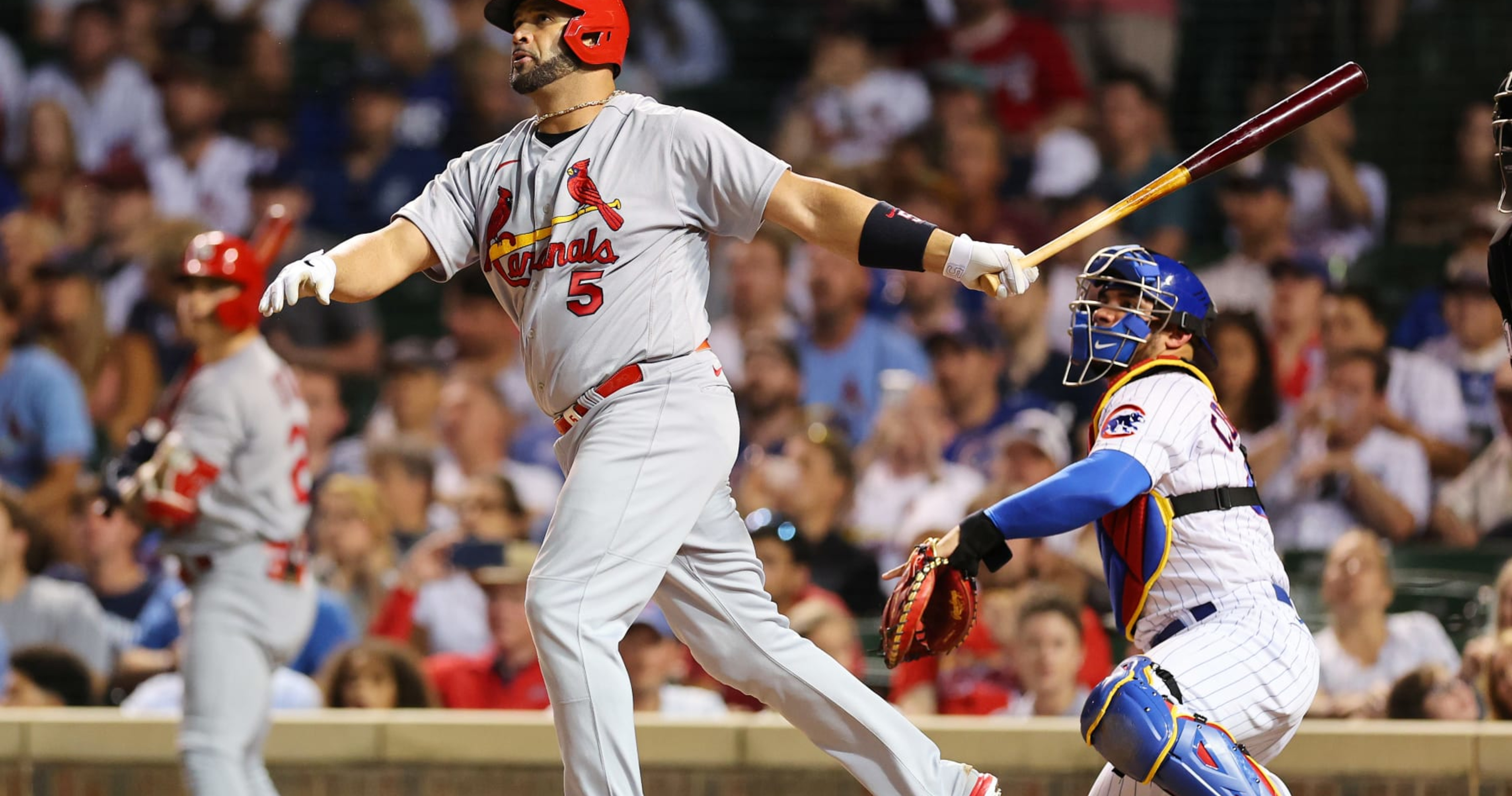 Albert Pujols looks at ARod's record eye to eye with homer 696