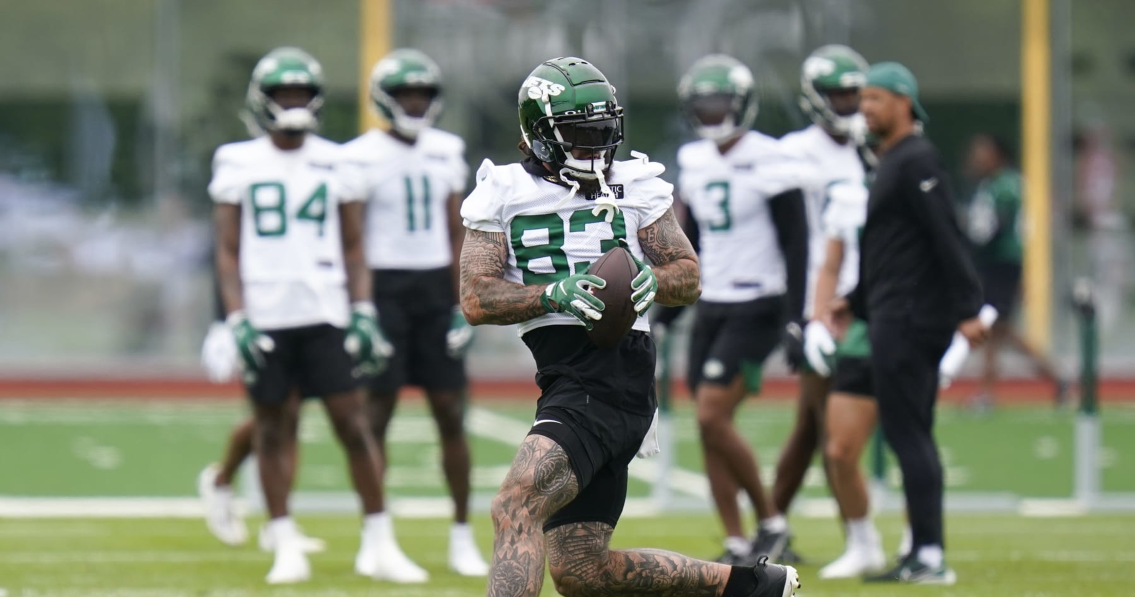 New York Jets tight end Tyler Conklin (83) speaks to members of the media  after practice at the NFL football team's training facility, Friday, July  21, 2023, in Florham Park, N.J. (AP