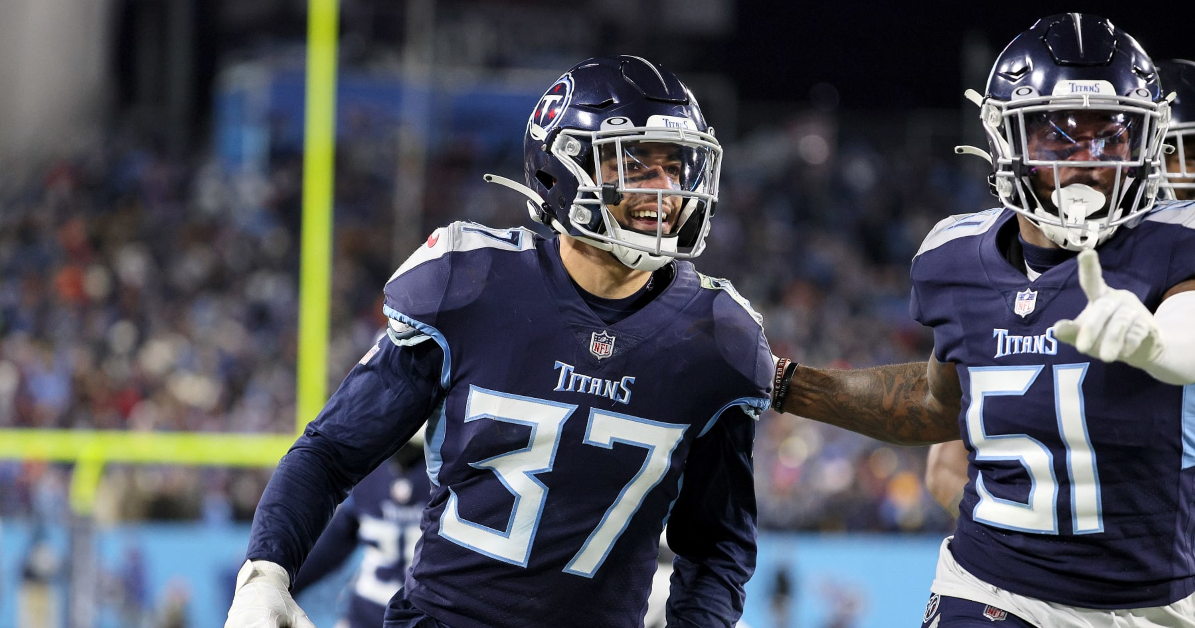 Tennessee Titans safety Amani Hooker (37) defends during the first half of  an NFL football game against the New England Patriots, Sunday, Nov. 28,  2021, in Foxborough, Mass. (AP Photo/Stew Milne Stock