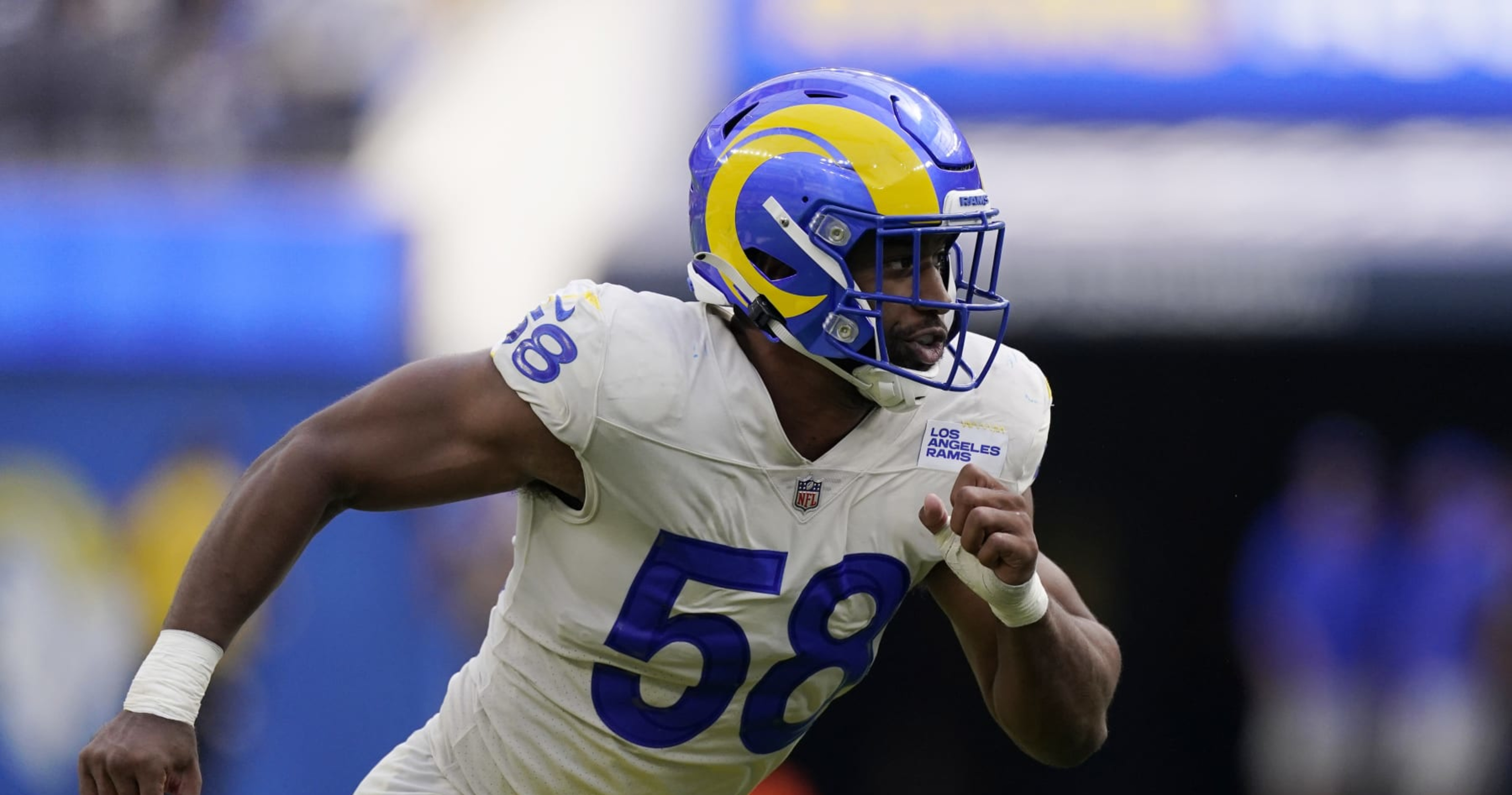 Former L.A. Ram Justin Hollins gets to Mayfield for 3-yard sack