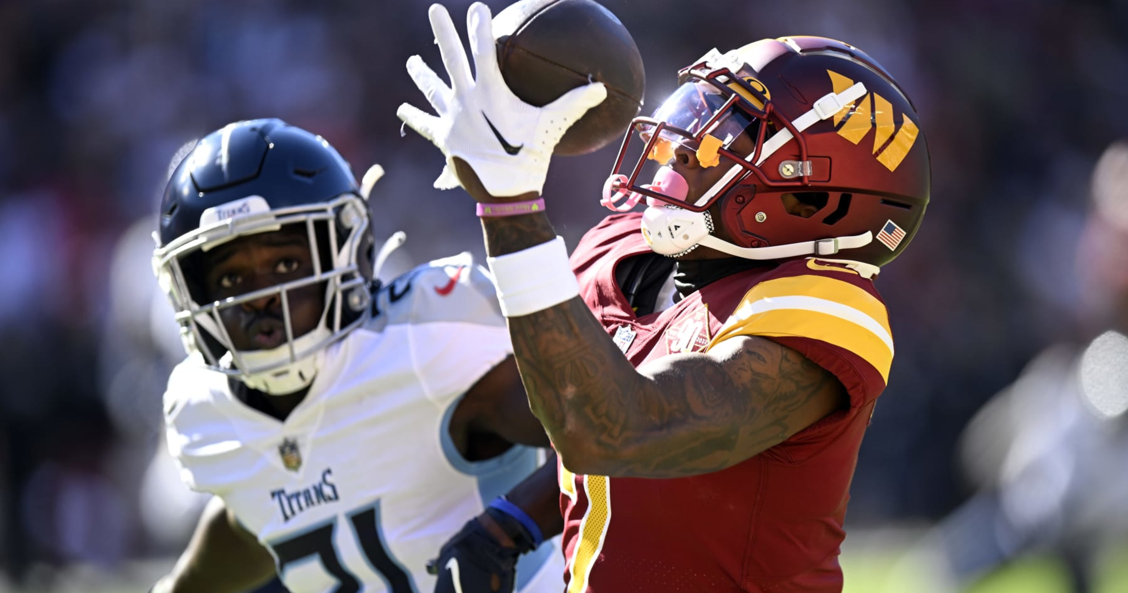 Washington Commanders WR Dyami Brown (2) catches a pass while