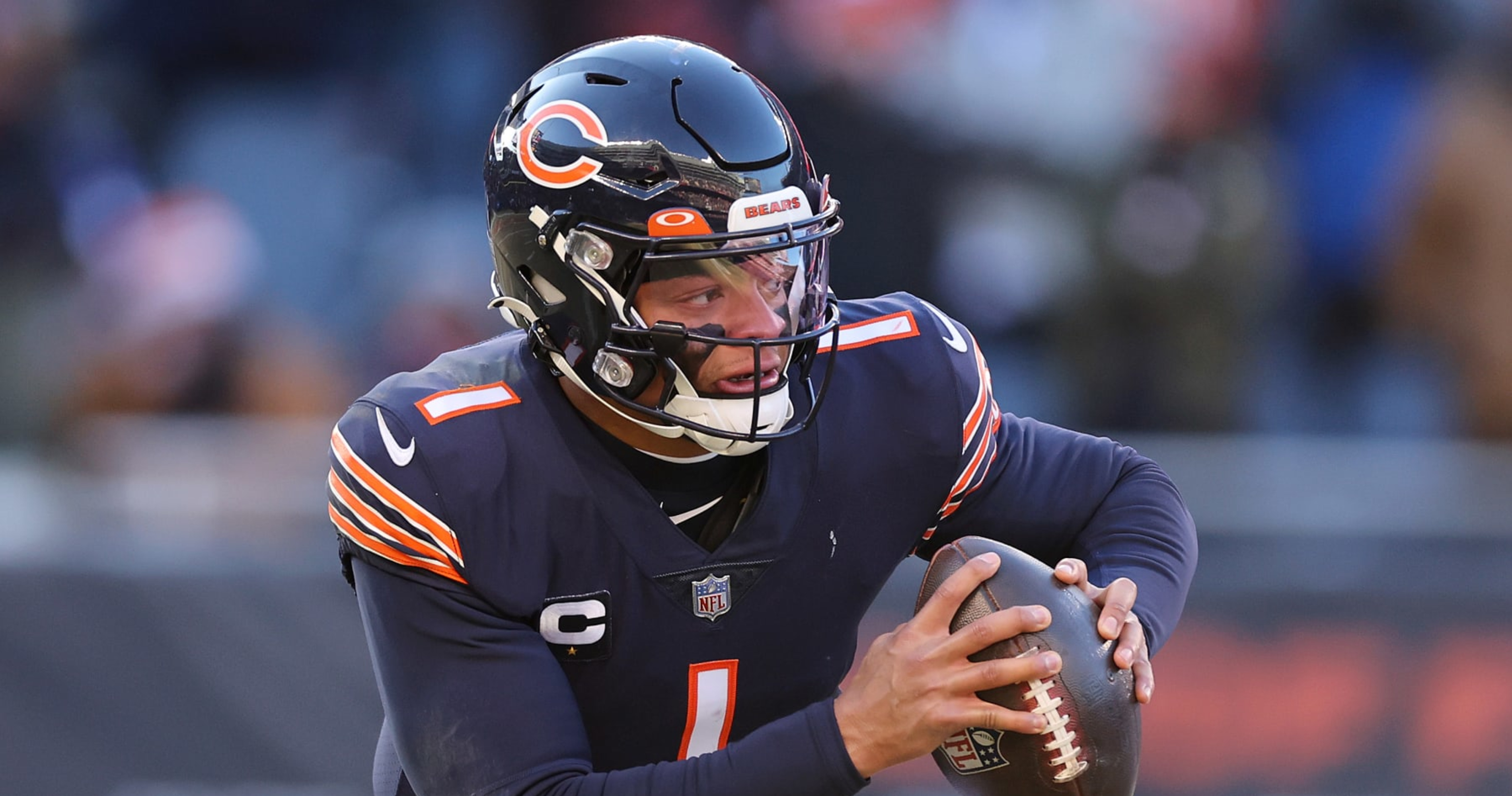 Justin Fields of the Chicago Bears dives for a touchdown during the News  Photo - Getty Images