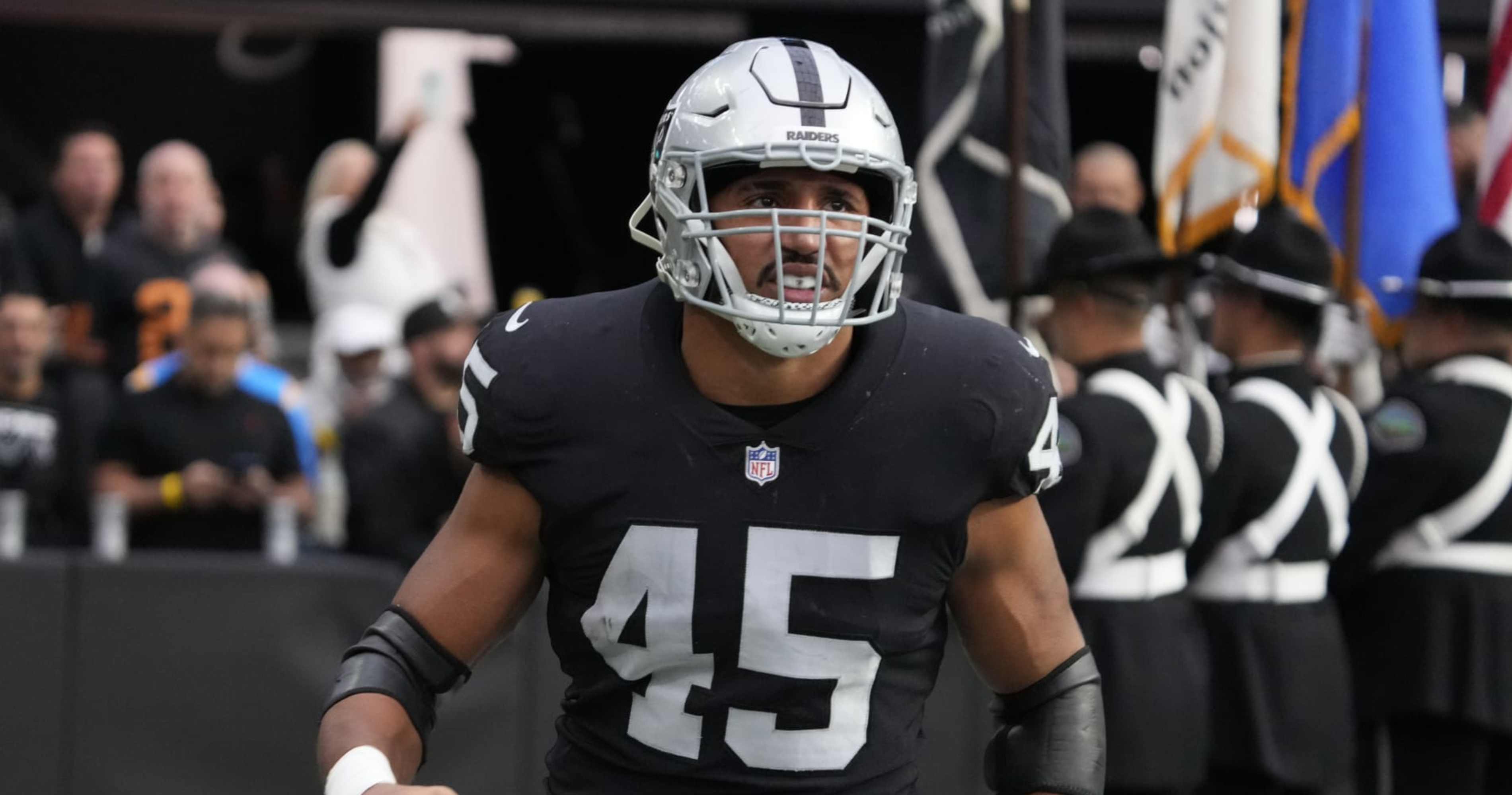 Las Vegas Raiders fullback Jakob Johnson looks on during the