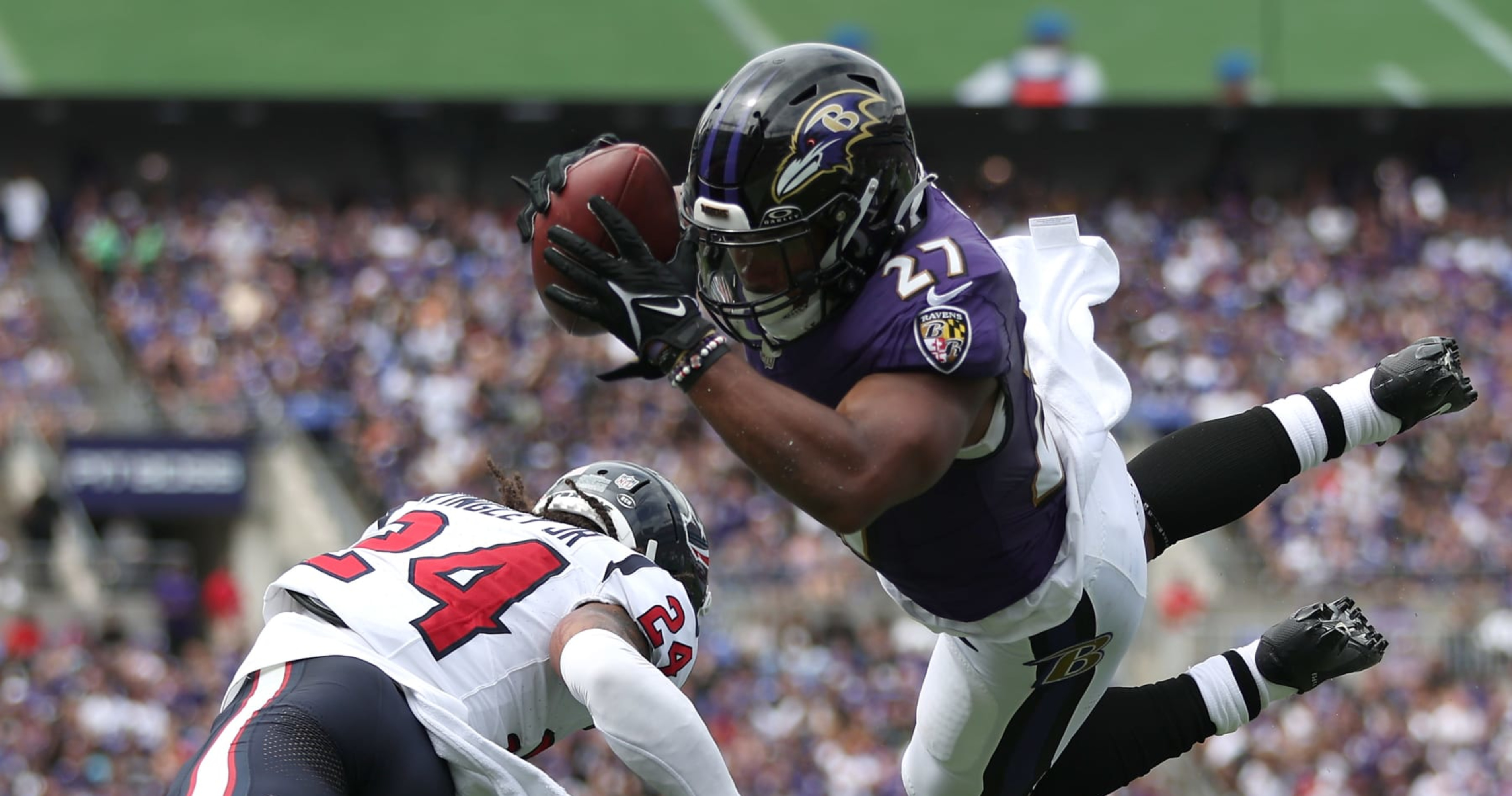 Running back J.K. Dobbins of the Baltimore Ravens reacts after News  Photo - Getty Images