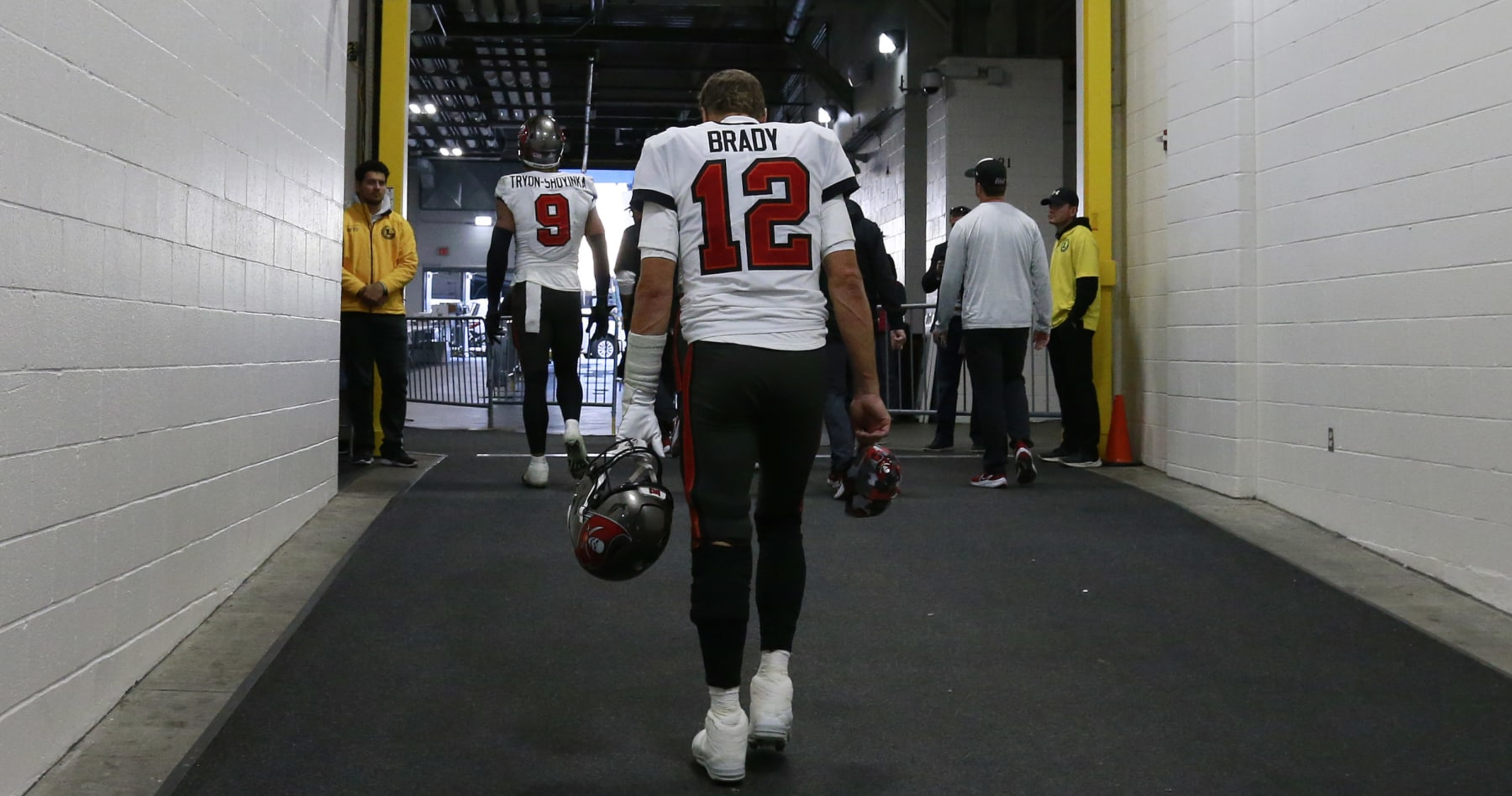 Tampa Bay Buccaneers quarterback Tom Brady (12) wears a Salute to Service  sticker during an NFL football game against the Los Angeles Rams, Sunday,  Nov. 6, 2022 in Tampa, Fla. The Buccaneers