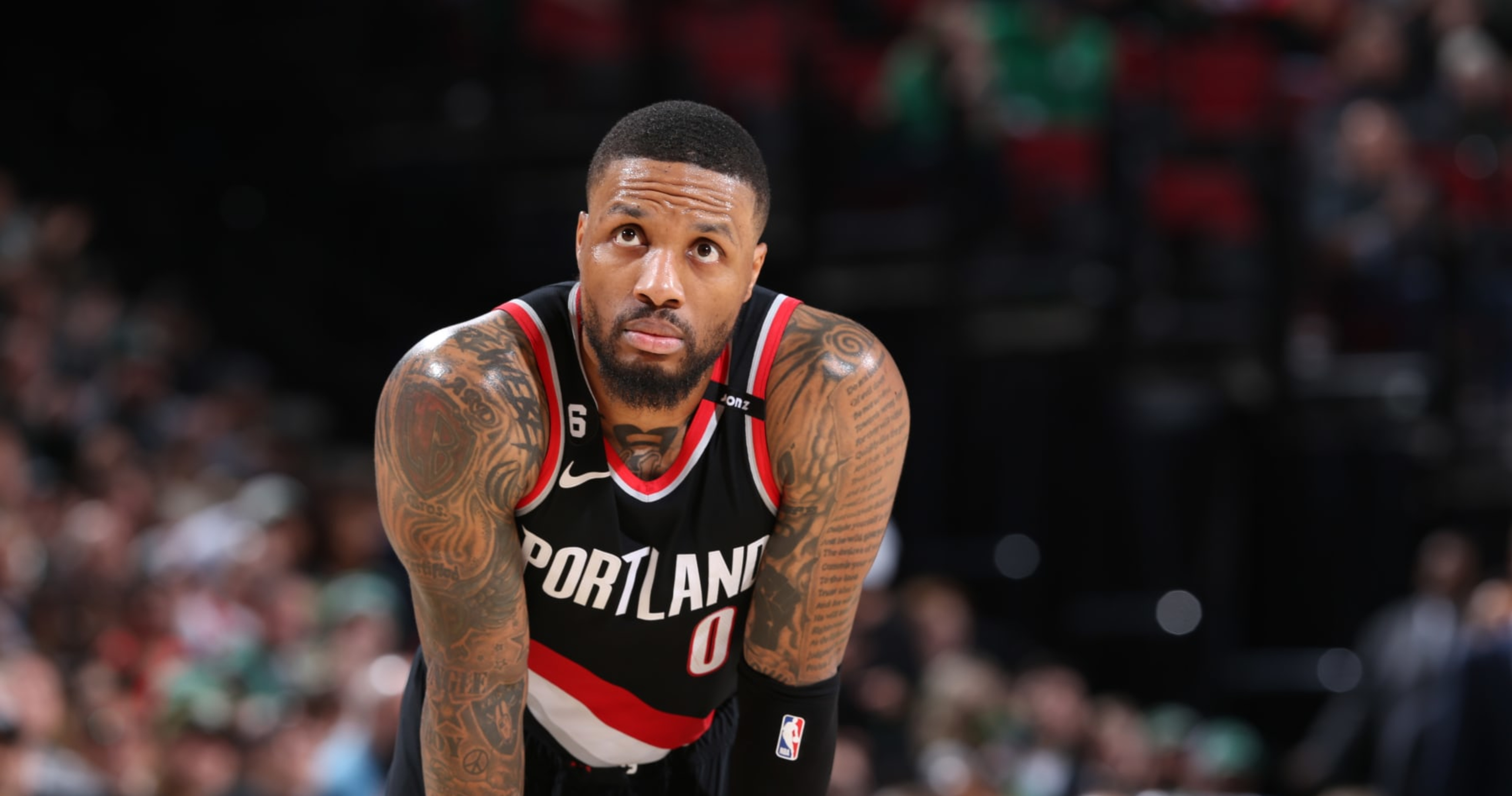 Damian Lillard of the Portland Trail Blazers exchanges jerseys with News  Photo - Getty Images