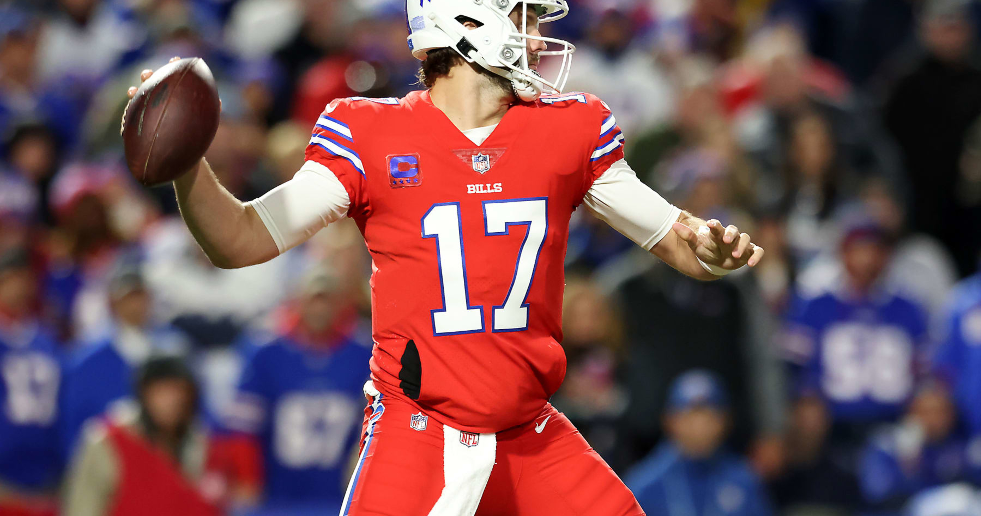 Buffalo Bills quarterback Josh Allen throws a pass during pregame