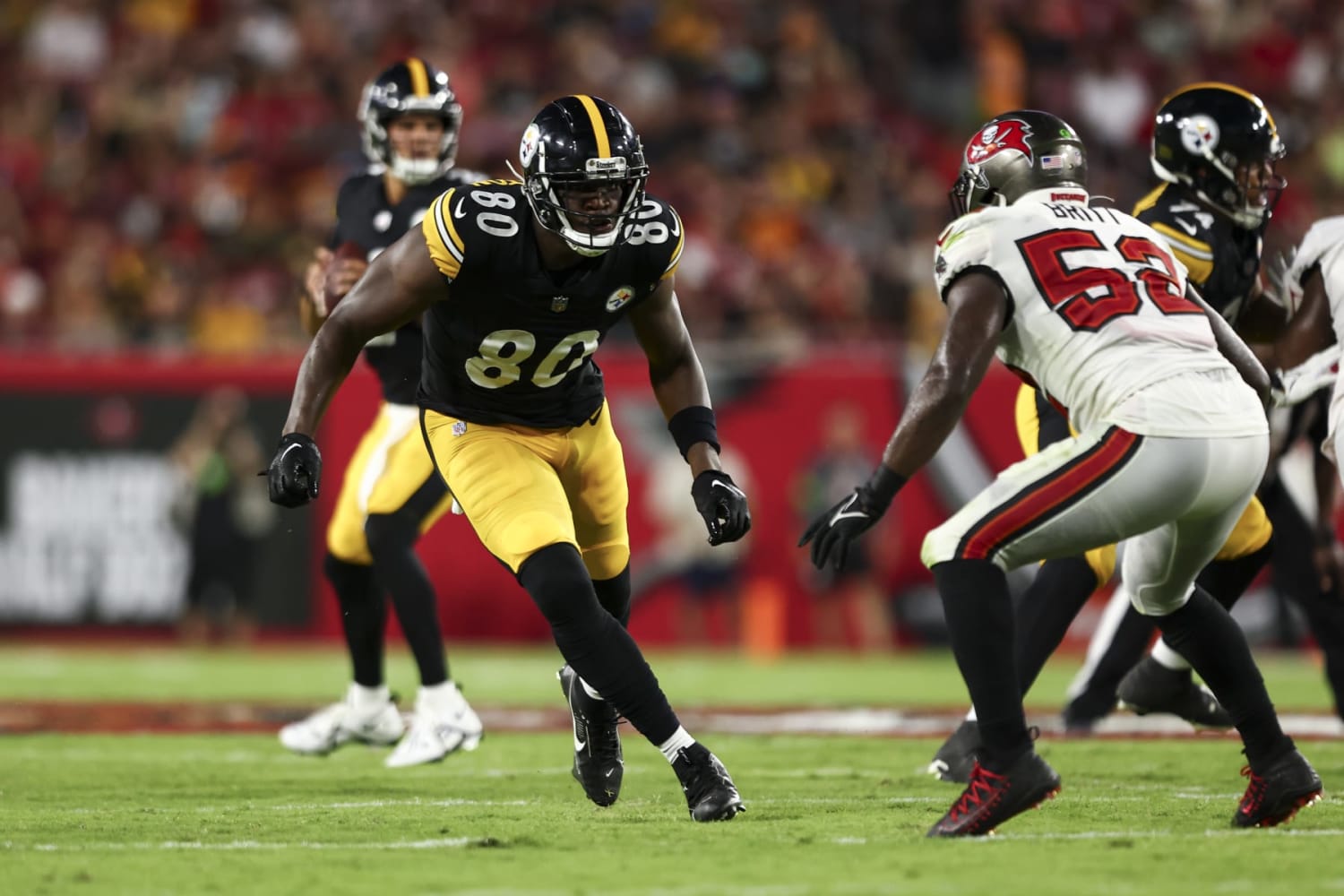 Pittsburgh Steelers Antonio Brown smiles from the bench while watching the  replay of his first quarter touchdown against the Indianapolis Colts at  Heinz Field in Pittsburgh on August 19, 2012. UPI/Archie Carpenter