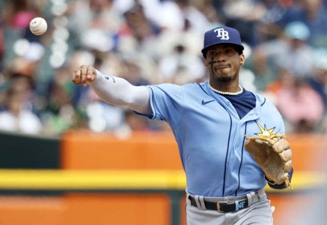 Wander Franco of the Rays hustles down to first base during the