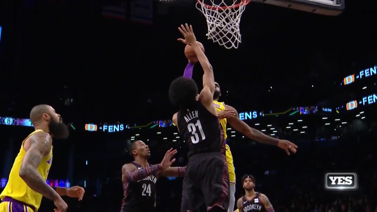 LeBron James has dunk blocked by Jarrett Allen