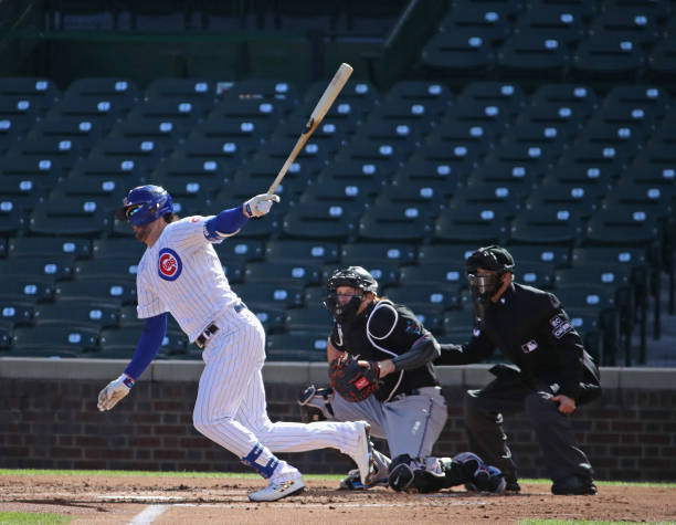 CHICAGO, ILLINOIS - OCTOBER 02: Kris Bryant #17 of the Chicago Cubs bats against the Miami Marlins during Game Two of the National League Wild Card Series at Wrigley Field on October 02, 2020 in Chicago, Illinois. (Photo by Jonathan Daniel/Getty Images)