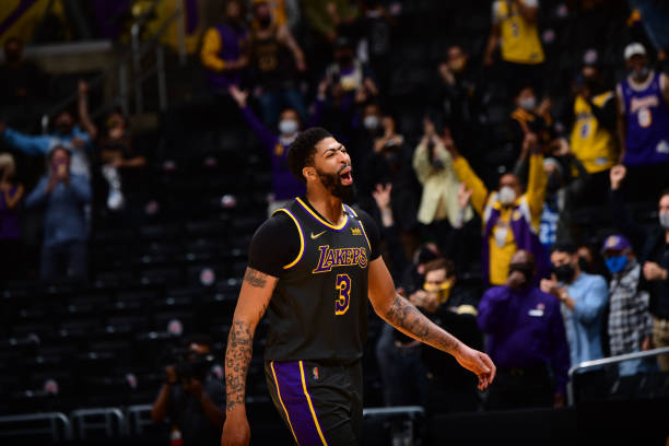 LOS ANGELES, CA - MAY 3: Anthony Davis #3 of the Los Angeles Lakers celebrates during the game against the Denver Nuggets on May 3, 2021 at STAPLES Center in Los Angeles, California. NOTE TO USER: User expressly acknowledges and agrees that, by downloading and/or using this Photograph, user is consenting to the terms and conditions of the Getty Images License Agreement. Mandatory Copyright Notice: Copyright 2021 NBAE (Photo by Adam Pantozzi/NBAE via Getty Images)