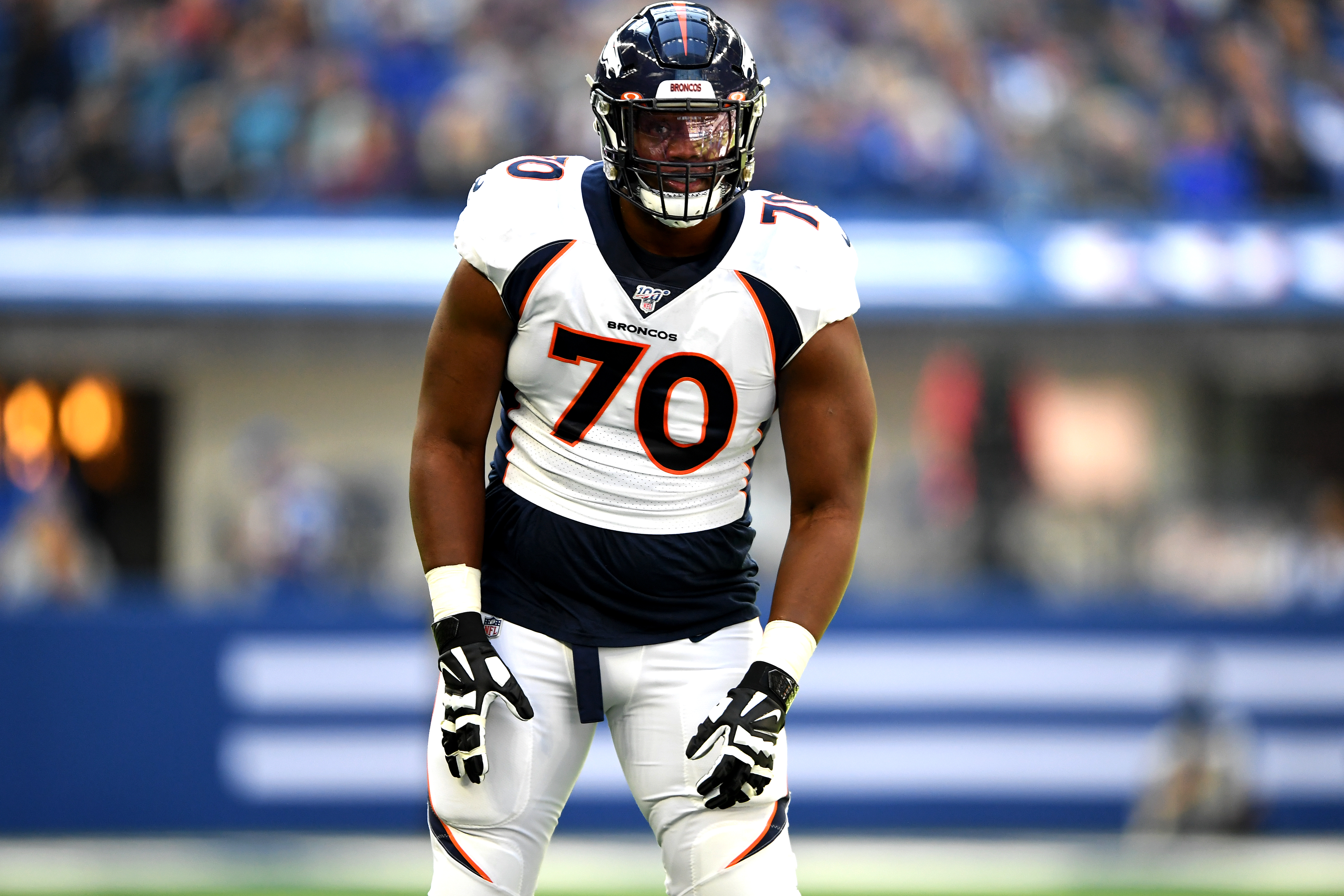 Denver Broncos offensive tackle Bobby Massie (70) gets set on the