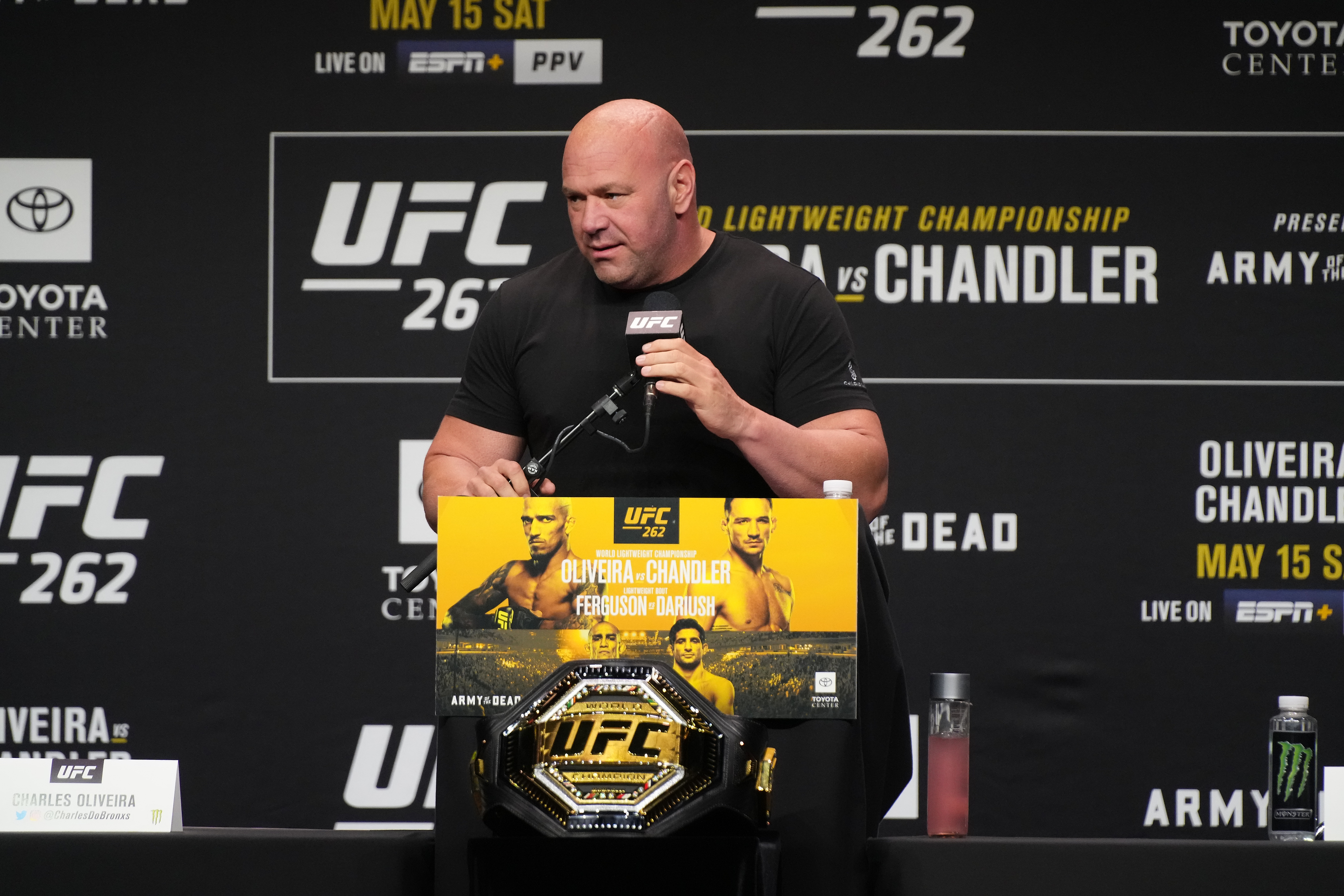 HOUSTON, TX - MAY 13: Dana White meets with the press and the fans during the official press conference for UFC 262 on May 13, 2021, at George R Brown Convention Center in Houston, TX. (Photo by Louis Grasse/PxImages/Icon Sportswire via Getty Images)