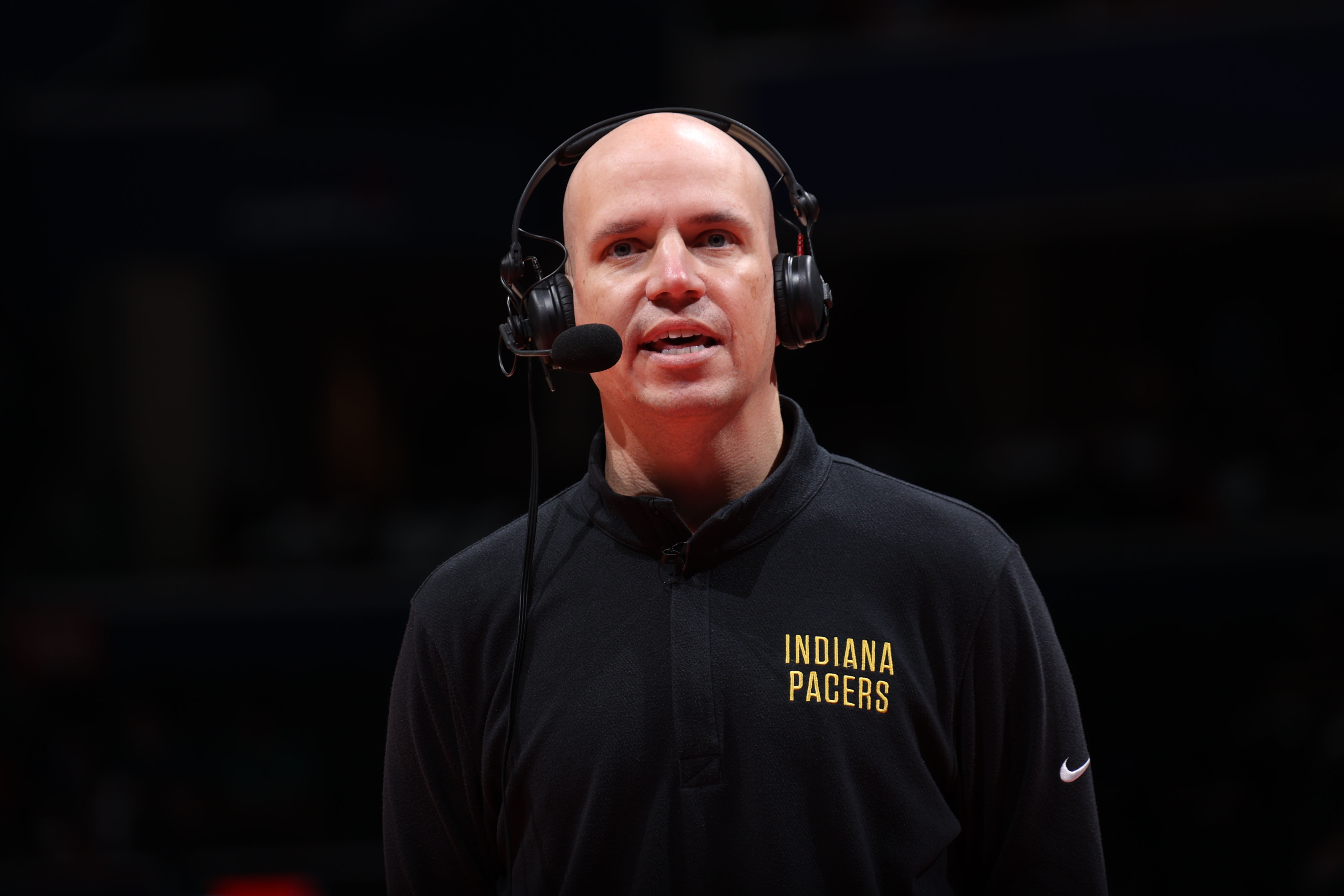 WASHINGTON, DC -  MAY 20: Head Coach Nate Bjorkgren of the Indiana Pacers is interviewed during the game against the Washington Wizards during the 2021 NBA Play-In Tournament on May 20, 2021 at Capital One Arena in Washington, DC. NOTE TO USER: User expressly acknowledges and agrees that, by downloading and or using this Photograph, user is consenting to the terms and conditions of the Getty Images License Agreement. Mandatory Copyright Notice: Copyright 2021 NBAE (Photo by Stephen Gosling/NBAE via Getty Images)