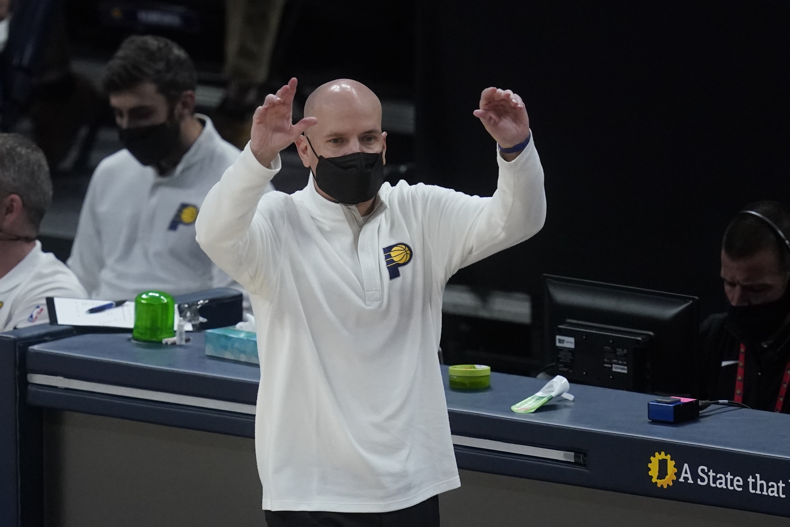 Indiana Pacers head coach Nate Bjorkgren calls a play during the first half of an NBA basketball game against the Atlanta Hawks, Thursday, May 6, 2021, in Indianapolis. (AP Photo/Darron Cummings)
