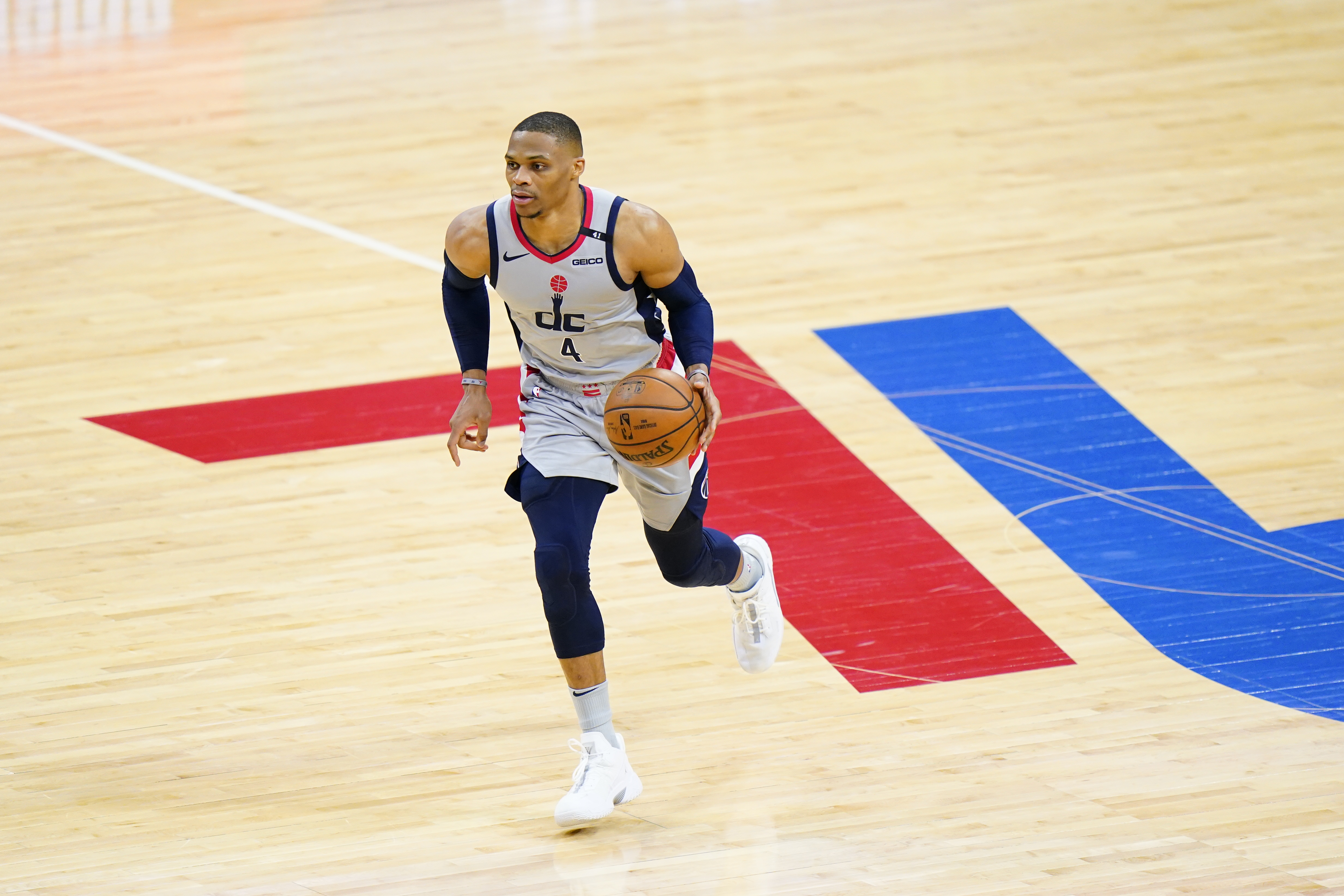 Washington Wizards' Russell Westbrook plays during Game 2 in a first-round NBA basketball playoff series against the Philadelphia 76ers, Wednesday, May 26, 2021, in Philadelphia. (AP Photo/Matt Slocum)